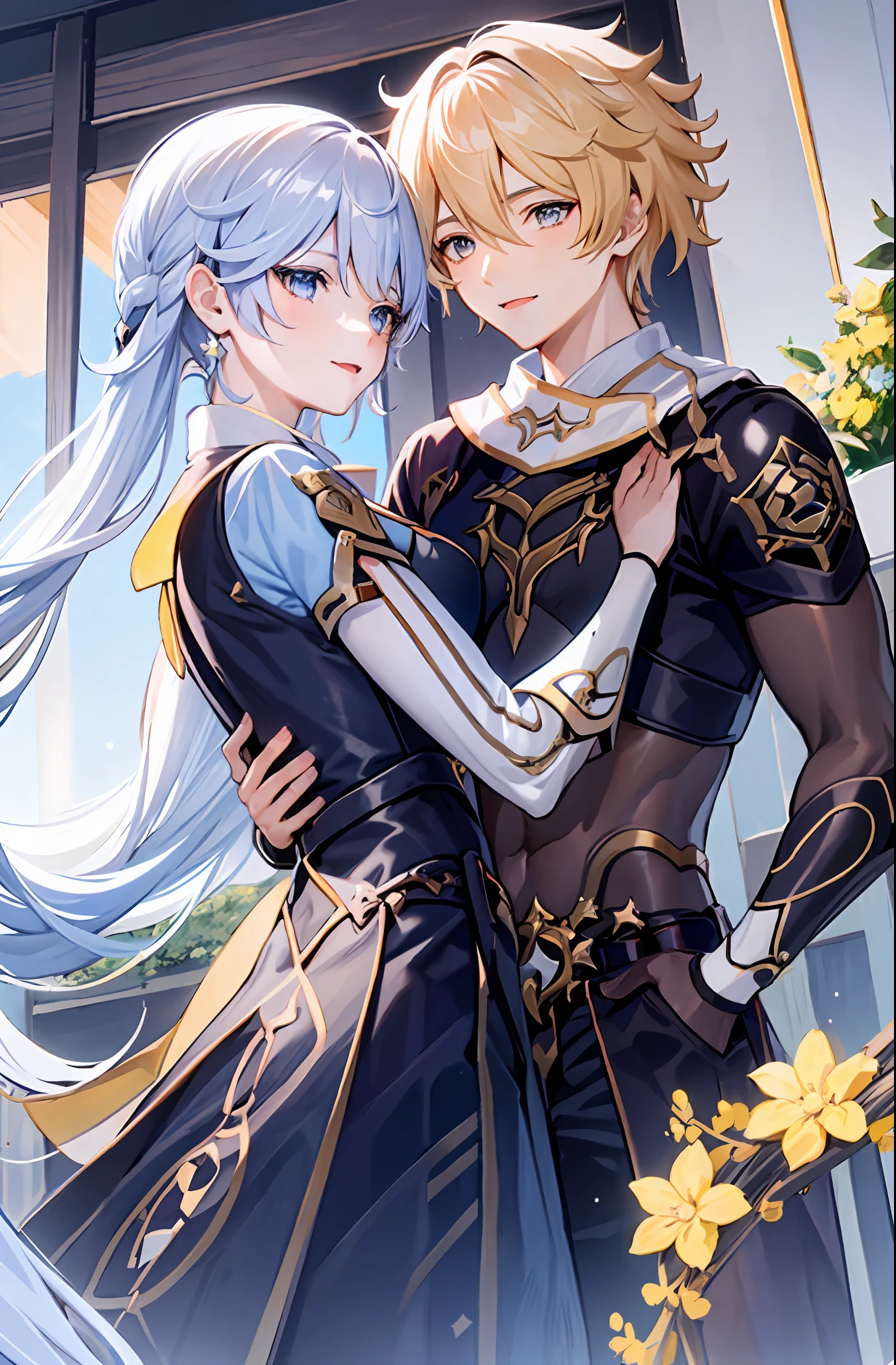 anime couple, aether and ayaka anime couple (masterpiece:1.3), best quality, Best image quality, High resolution, 8K, realistic depictions in every detail, photorealism, 1 man, 1 woman, prison, beautiful female officer and slender boy prisoner hugging each other, (slender and muscular female officer, 22 years old, short blonde, shiny skin, detailed description, officer uniform, lust), (slender, boy prisoner, red face, ahe face, gasping with tongue, 13 years old, shirtless, full proportions, neat face Beautiful, with silver blue hair, short, sharp eyes, no breastplate, basket, (partial skin exposure: 1.5), and a beautifully drawn face, aether yellow hair\(genshin impact\), kamisato_ayaka (flawless radiance) , official costume, ayaka hair ornament,cowboy shot,ponytail, blunt bangs,blue eyes, smile, closed mouth, eyebrows visible through hair, long hair, silver hair, big breasts,