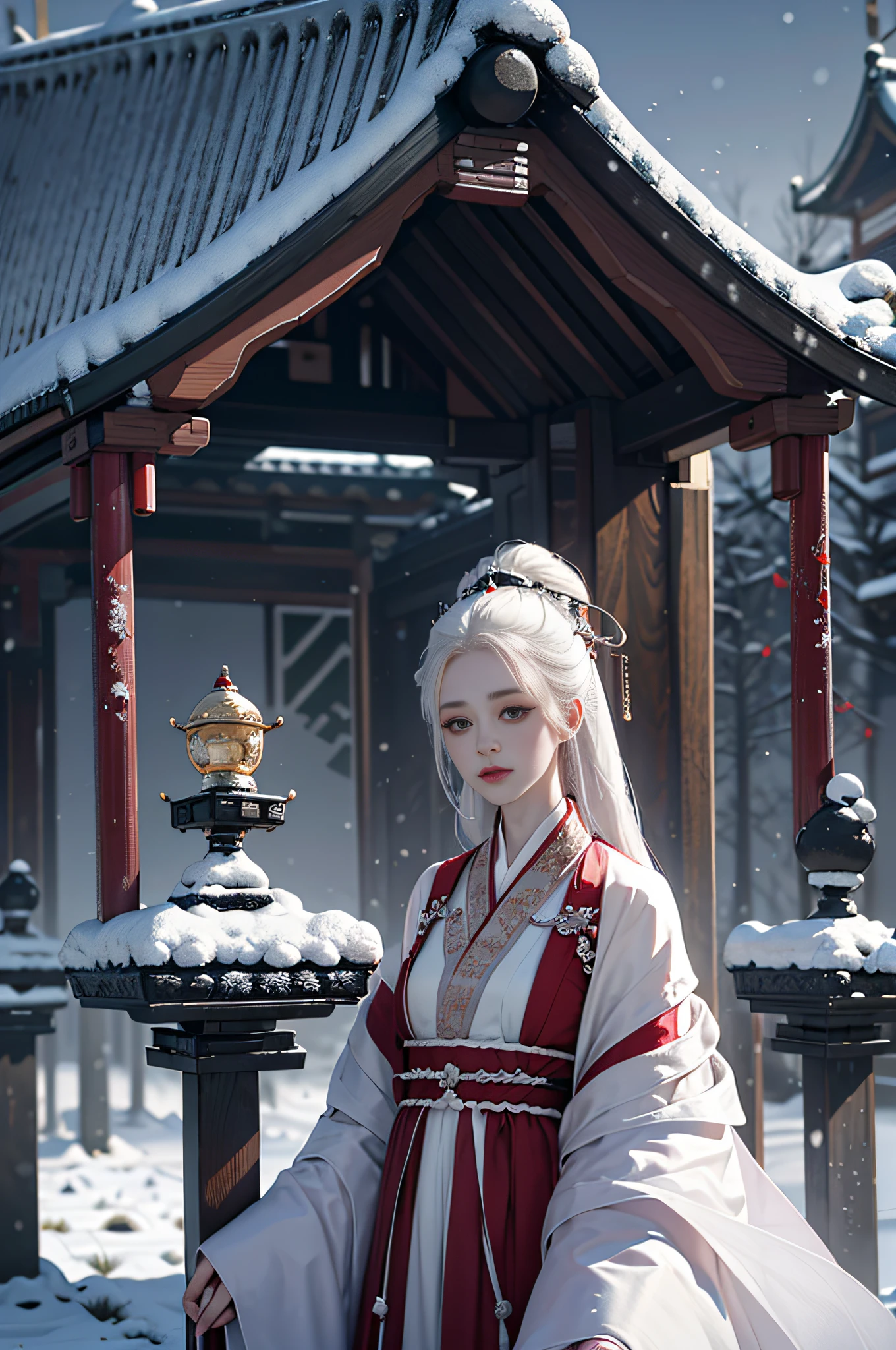 Official Art, Unity 8k wallpaper, ultra-detailed, beautiful, beautiful, masterpiece, best quality, mystery, romanticism, horror, literature, art, fashion, Tang dynasty era, decoration, intricate, embroidery, contemplation, white hanfu, plush clothing, 1 girl, white hair, sad, hua dian, high priest, solo, white cat, cat, bloodstain, fatalism, bust composition, dramatic composition, movie lighting, dynamic perspective, sexy, full of temptation, winter, snow, plum blossoms, background, temple, altar, Smoggy