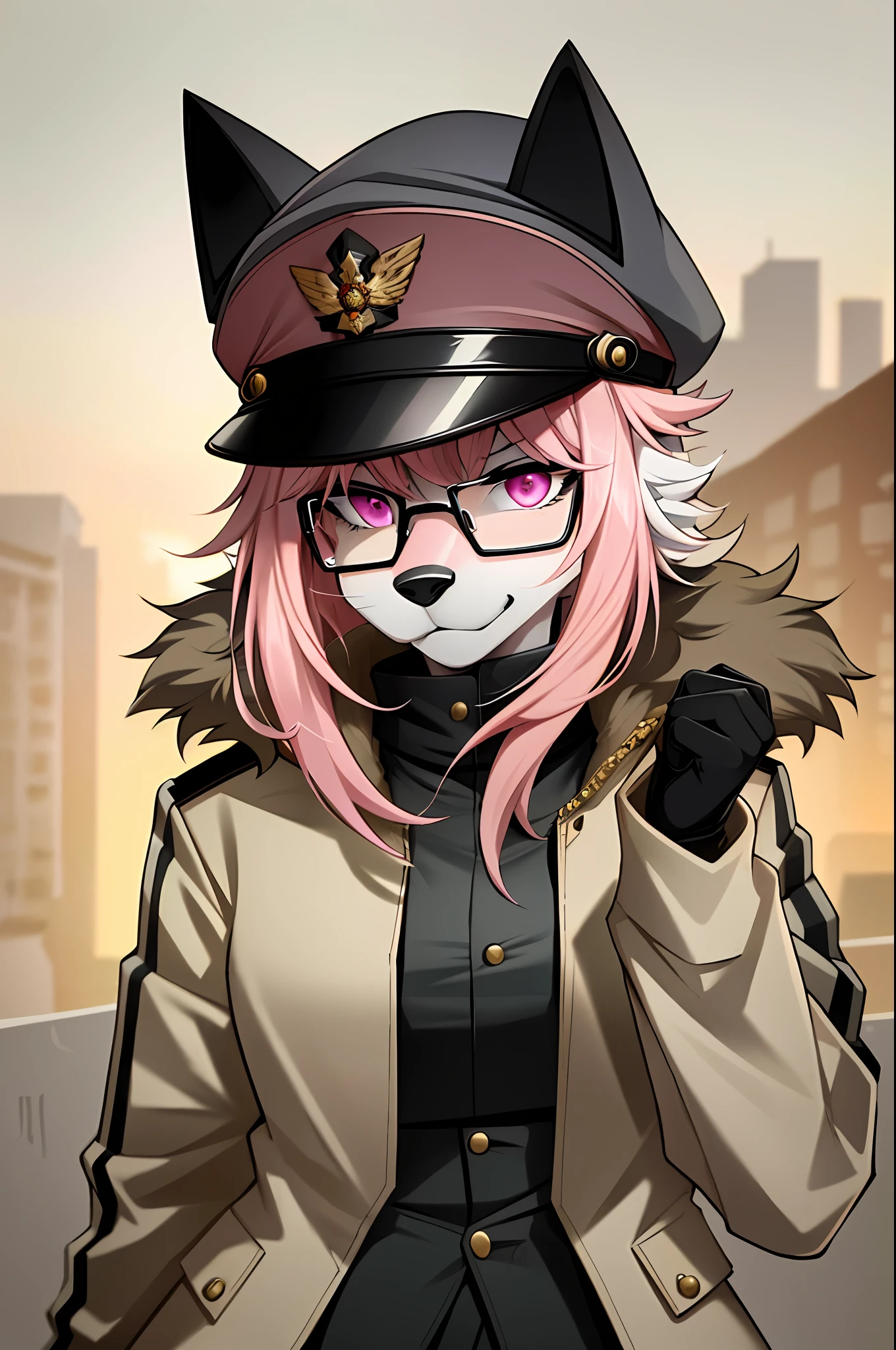 (masterpiece, best quality)), (Anthro Furry:1.3, muzzle:1.2, Anthro:1.3, Furry:1.2, closeup:1.2, female solo:1.2, (wearing Russian military coat) military pants, wearing glasses, Fox spiraled in the colors of Funtime Foxy,Five Nights at Freddy,white skin pink details, pink eyes, sexy position, deserted ambient place, Russian general military hat.