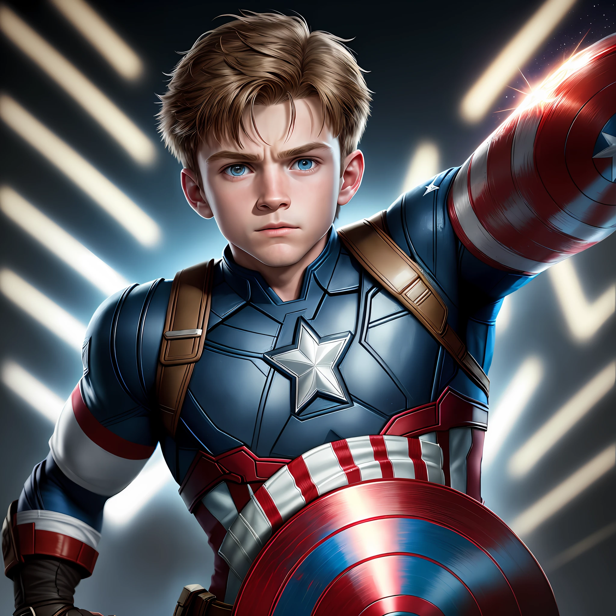 Boy, 7 years old, Caucasian as Captain America 8k, high resolution, detailed face, detailed face, detailed eyes, detailed costume, Marvel and DC style, hyper-realistic, + cinematic shooting + dynamic composition, incredibly detailed, sharp, detailed + superb details + night with light + perfectionism + award-winning realism