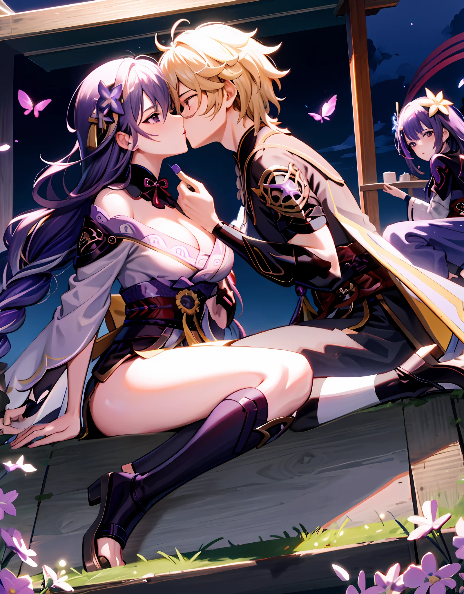 anime couple, aether and raiden shogun kissing, soft kiss, 1boy 1girl, cute, loving, peck, detailed faces, detailed hair, masterpiece, best quality, aether yellow hair\(genshin impact\), {{{masterpiece, electricity:1.4, pixiv fantasia}}},pov, raiden shogun, long hair, large hair, purple hair, multicolored hair, kimono, hair ornament, hair flower, purple eyes, parted lips, expressionless, looking at viewer, dynamic pose, large breasts