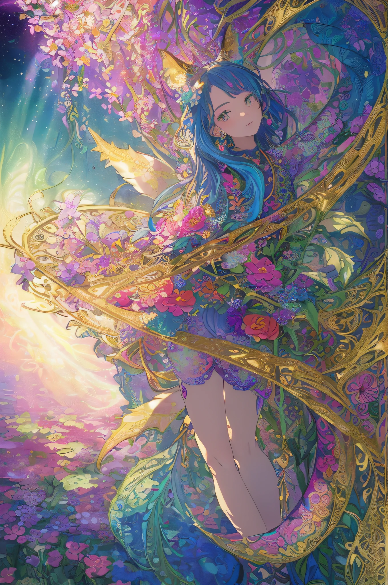 (masterpiece,beautiful and aesthetic:1.2), (1girl:1.3), extremely detailed,(fractal art:1.1),(colorful:1.1)(flowers:1.3),highest detailed,(zentangle:1.2), (dynamic pose), (abstract background:1.3), (shiny skin), (many colors:1.4),(earrings), (tail of light :1.5),ivy frame,