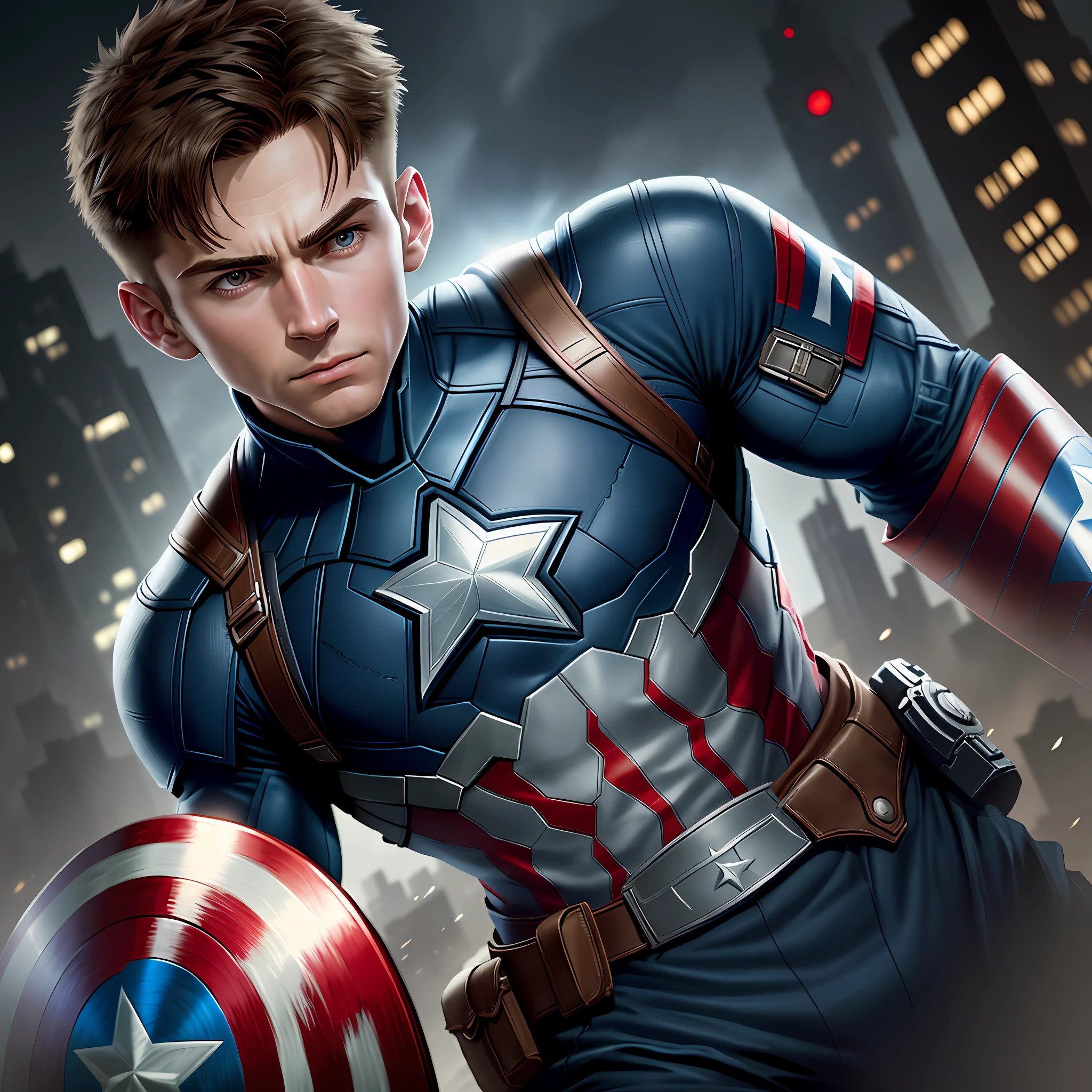 Boy, 7 years old,(very short hair)as Captain America 8k, high resolution, detailed face, detailed face, detailed eyes, detailed costume, Marvel and DC style, hyper-realistic, + cinematic shooting + dynamic composition, incredibly detailed, sharp, detailed + superb details + night with light + perfectionism + award-winning realism