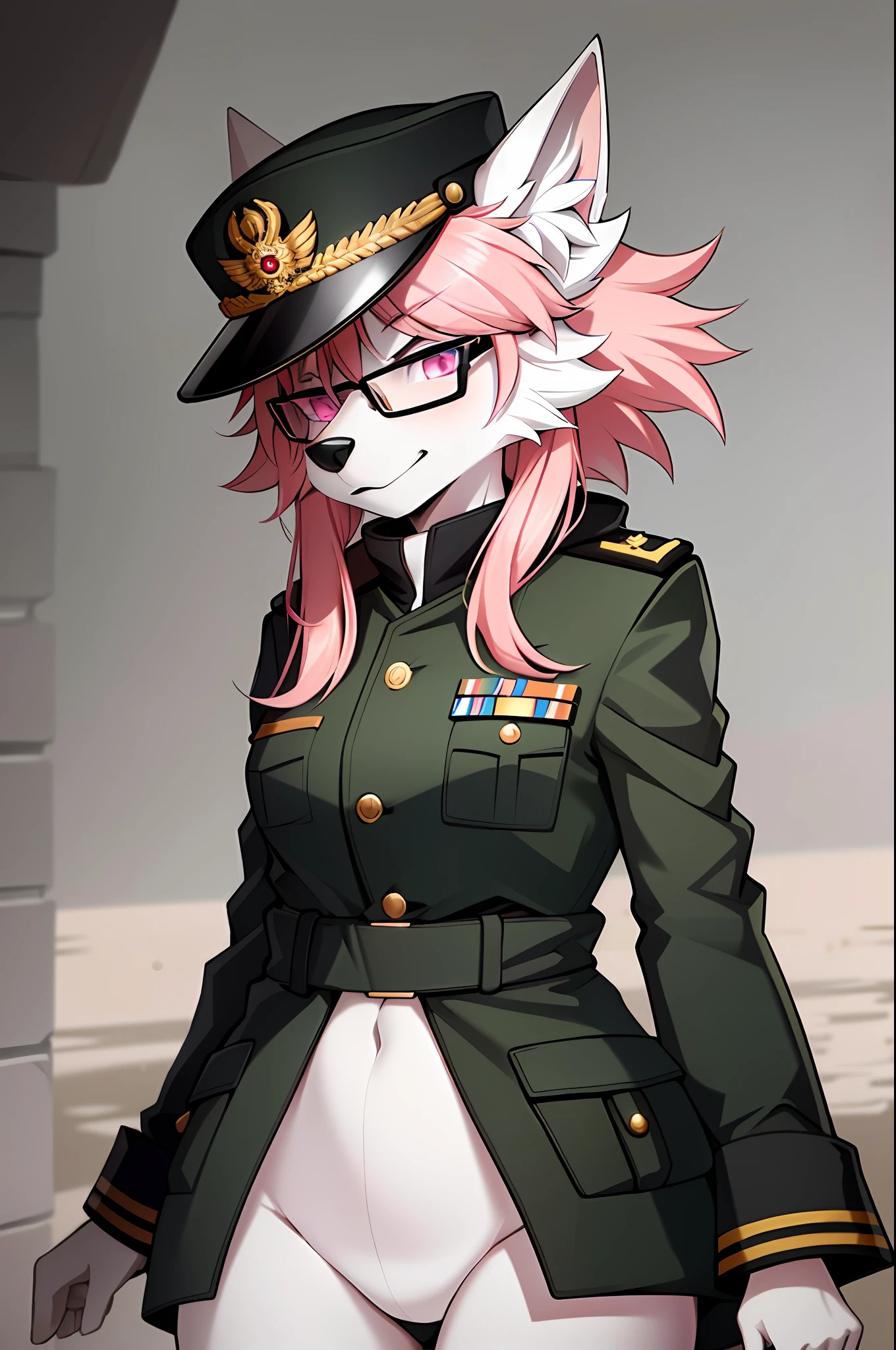 (masterpiece, best quality)), (Anthro Furry:1.3, muzzle:1.2, Anthro:1.3, Furry:1.2, closeup:1.2, female solo:1.2, (wearing Russian military coat) military pants, wearing glasses, Fox spiraled in the colors of Funtime Foxy,Five Nights at Freddy,white skin pink details, pink eyes, sexy position, deserted ambient place, Russian general military hat.