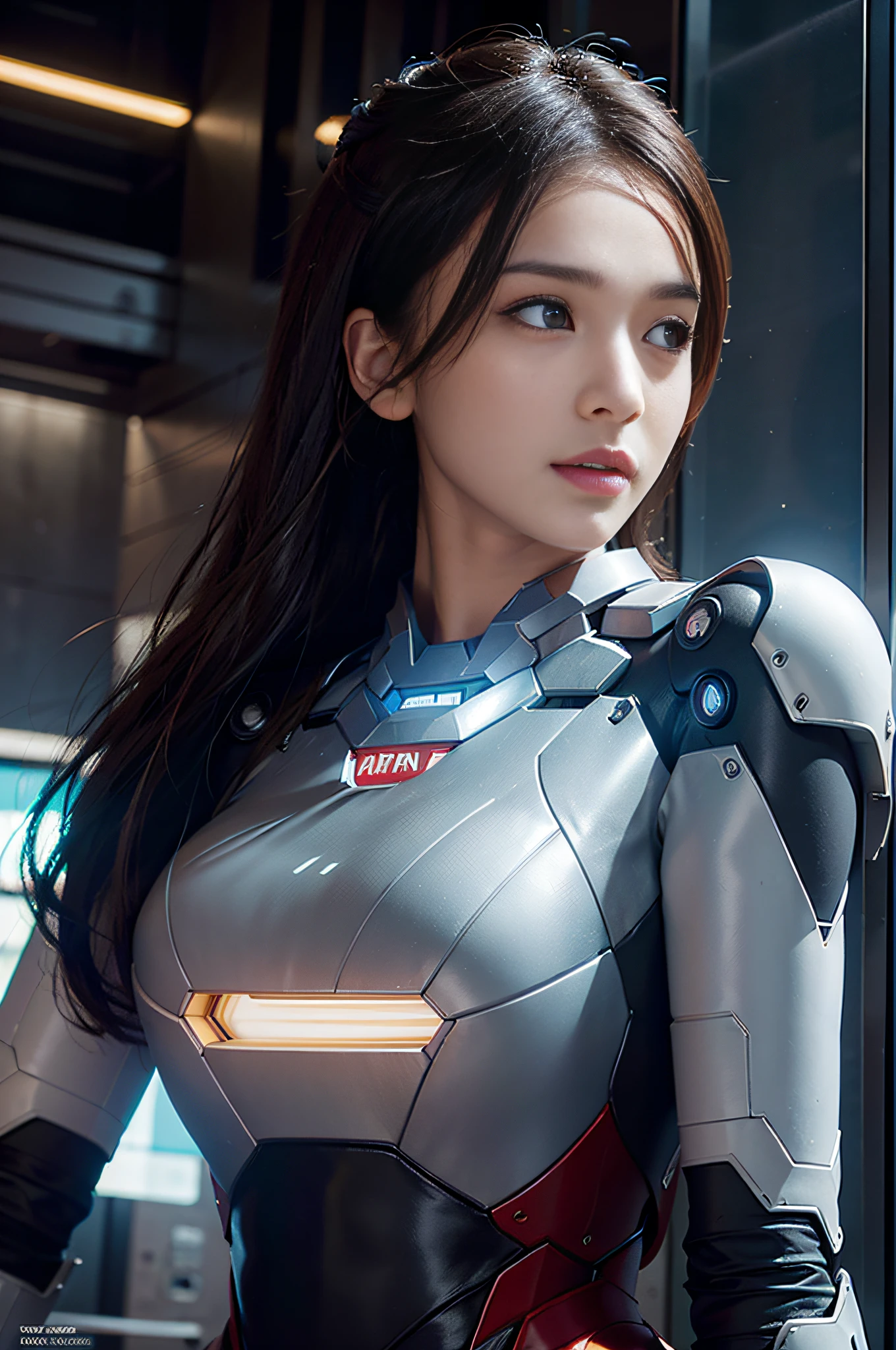 RAW, Masterpiece, Ultra Fine Photo,, Best Quality, Ultra High Resolution, Photorealistic, Sunlight, Full Body Portrait, Stunningly Beautiful,, Dynamic Poses, Delicate Face, Vibrant Eyes, (Side View) , she is wearing a futuristic Iron Man mech, very detailed background, detailed face, detailed busy background, messy, gorgeous, milky, high detailed skin, realistic skin details, visible pores, sharp focus, volume Fog, 8k uhd, dslr, high quality, film grain, fair skin, photorealism, lomography, sprawling metropolis in a futuristic dystopia, view from below, translucent
