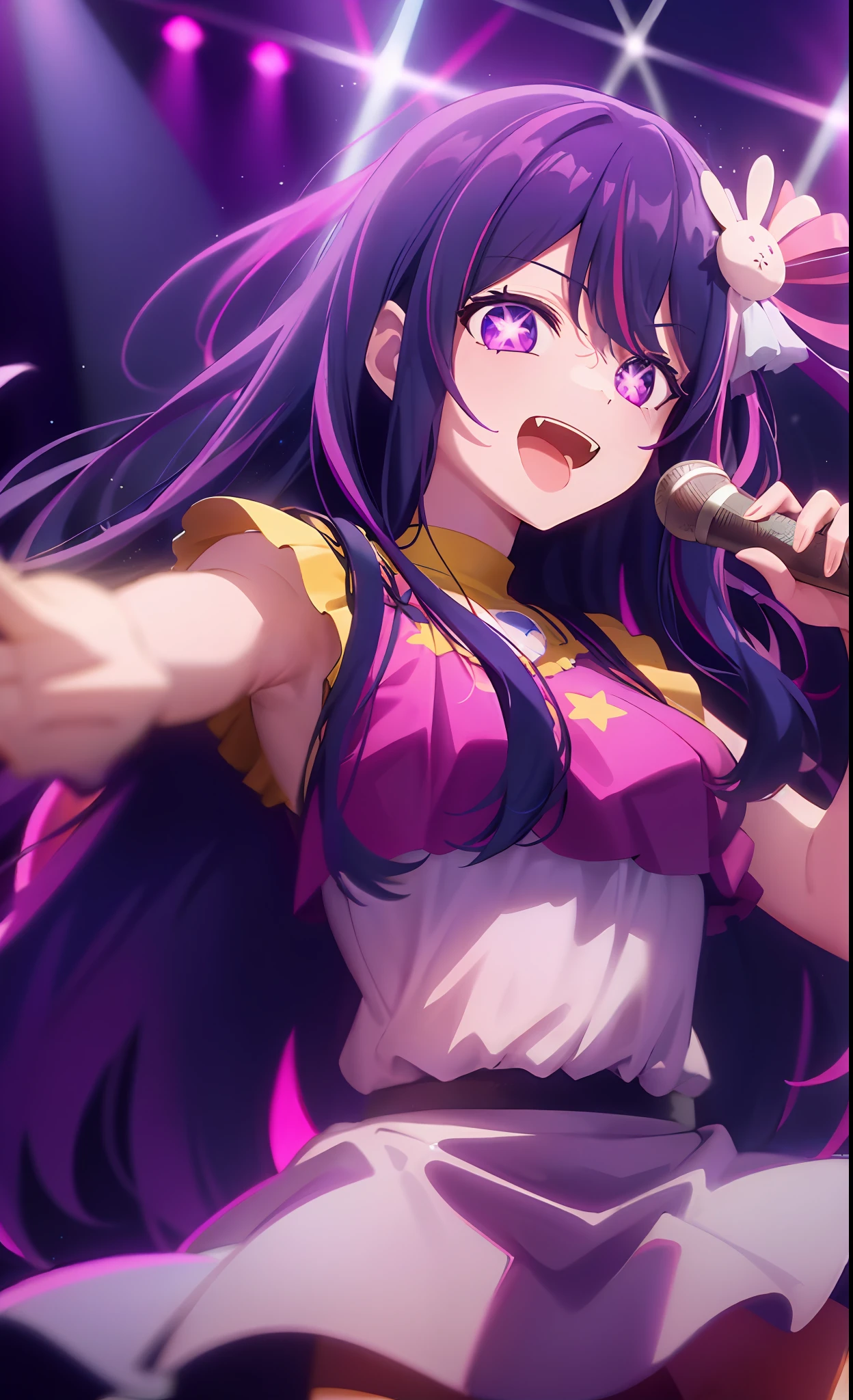 Hoshino Ai, long hair, purple hair, streaked hair ,purple eyes, star-shaped pupils, hair ornament, on stage, singing, upper body view, looking at camera, happy expression, mouth open, dynamic pose