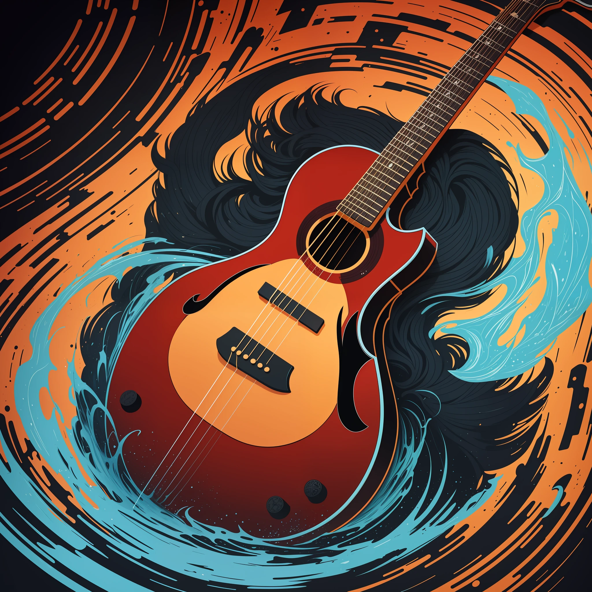 [Acoustic Guitar] circular heraldic silhouette, logo masking style illustration, Dan Mumford, Greg Rutkowski, James Jean, black background, fantasy art, mysterious, realistic, majestic, rich vivid colors, high contrast, seamless water brand, art station, deviant art, dribbling, red bubble, Tee public, sharp focus, simple, hyper detail, detailed drawing, vectorization, outline, isometric style, 8k.