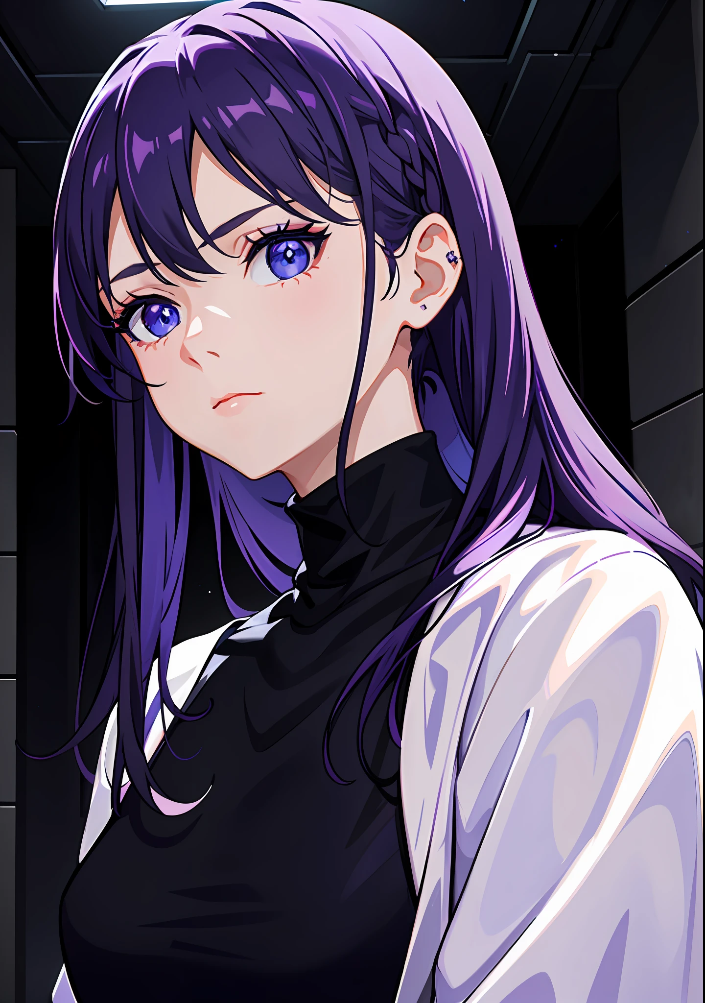 1girl, purple hair half blue, deep blue eyes, side lighting, light particles, wallpaper, melancholic look, striking look, striking face, nitid focus, black turtleneck clothing