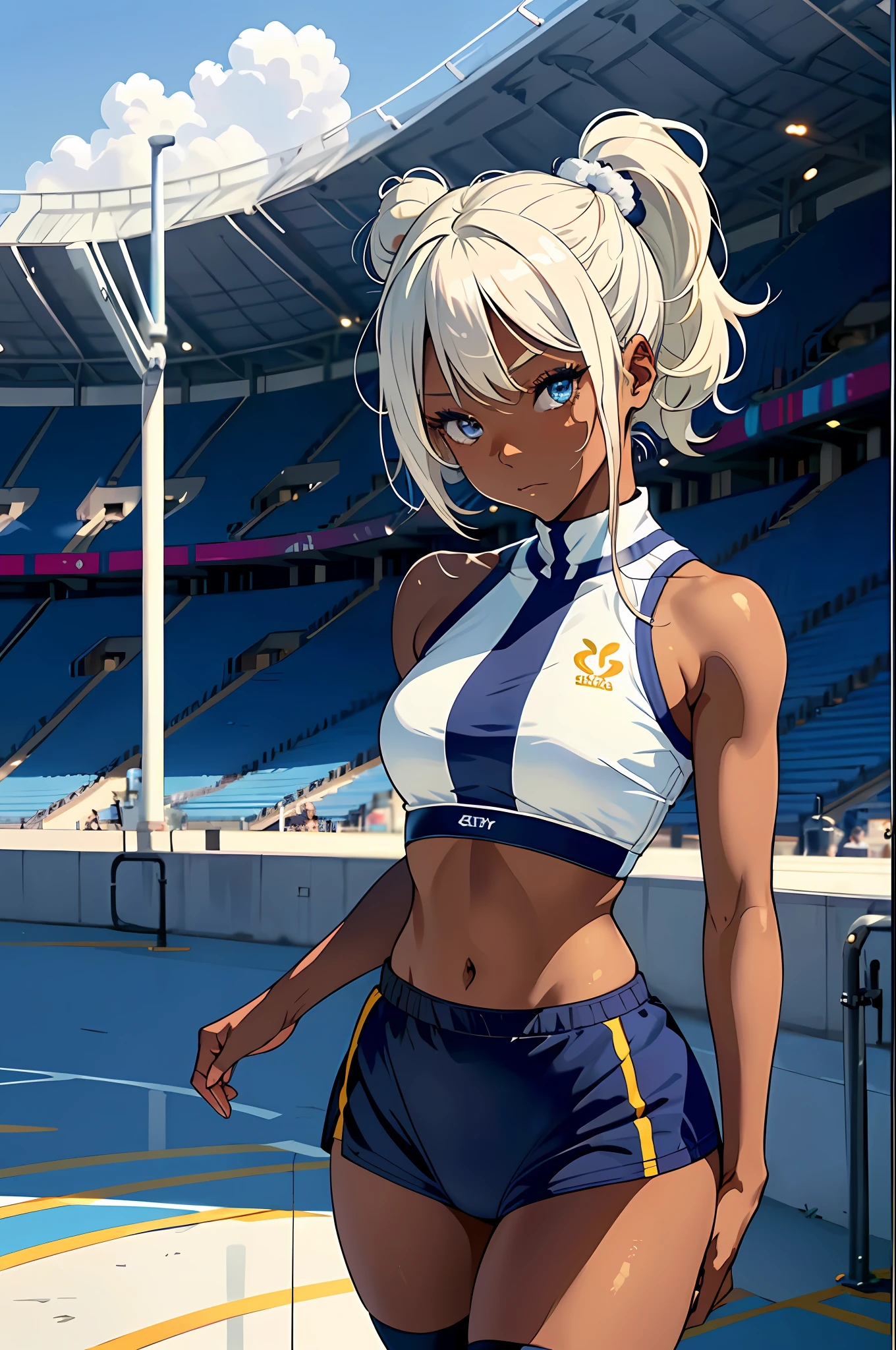1 girl, ((dark skin)), (platinum blond hair), (cheerleader), (Delicate and beautiful cheerleader uniform), (crop top), (two pom pom), zettai ryouiki, twin tail, (embarrassed expression), detailed skin, (oily skin), glossy skin, fine skin, (beautiful hair), (beautiful blue eyes), looking at viewer, (fullpage of girls), hand with five delicate fingers, (perfect anatomy), (correct limb), (realistic), (dynamic angle), outdoors, stadium, sky, fantasy art background, white socks, seductive pose