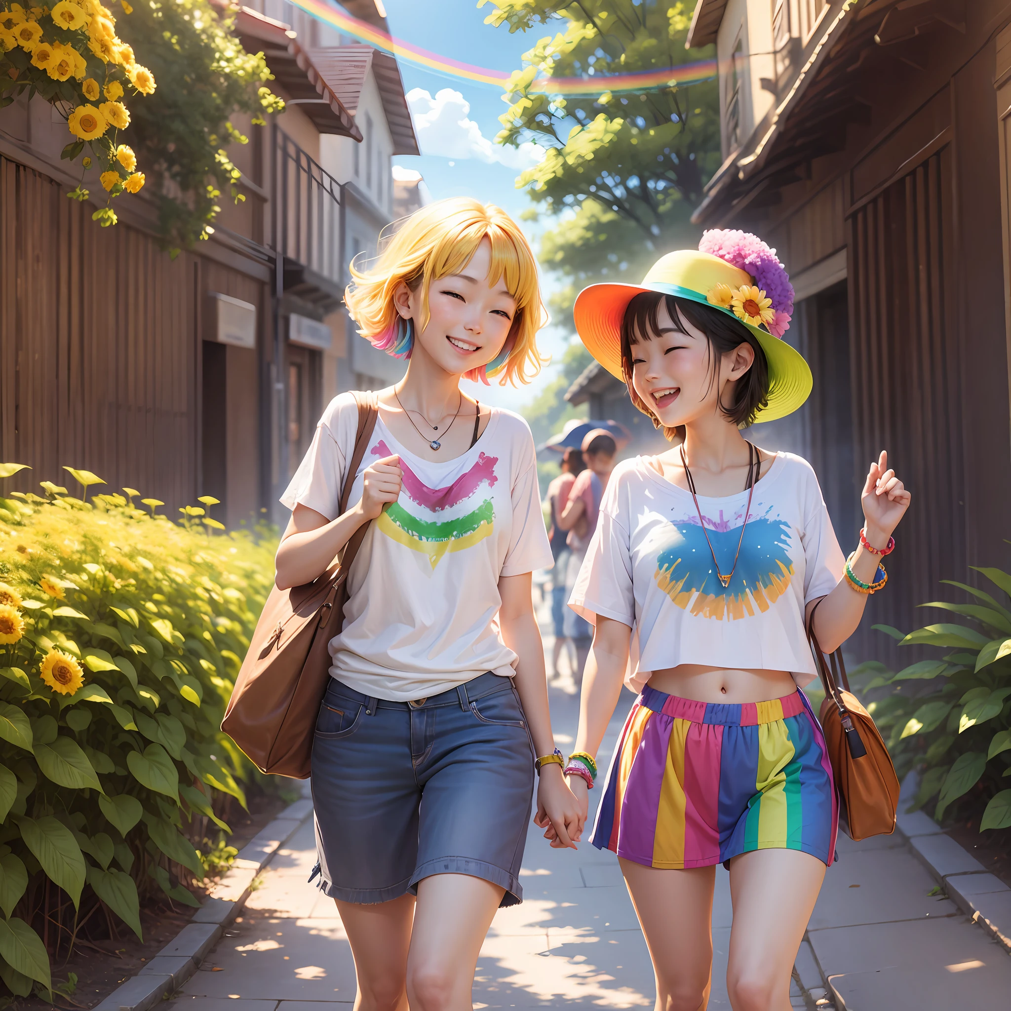 "Draw a bright rainbow with people smiling in the background, in a sunny and cheerful setting." --auto --s2