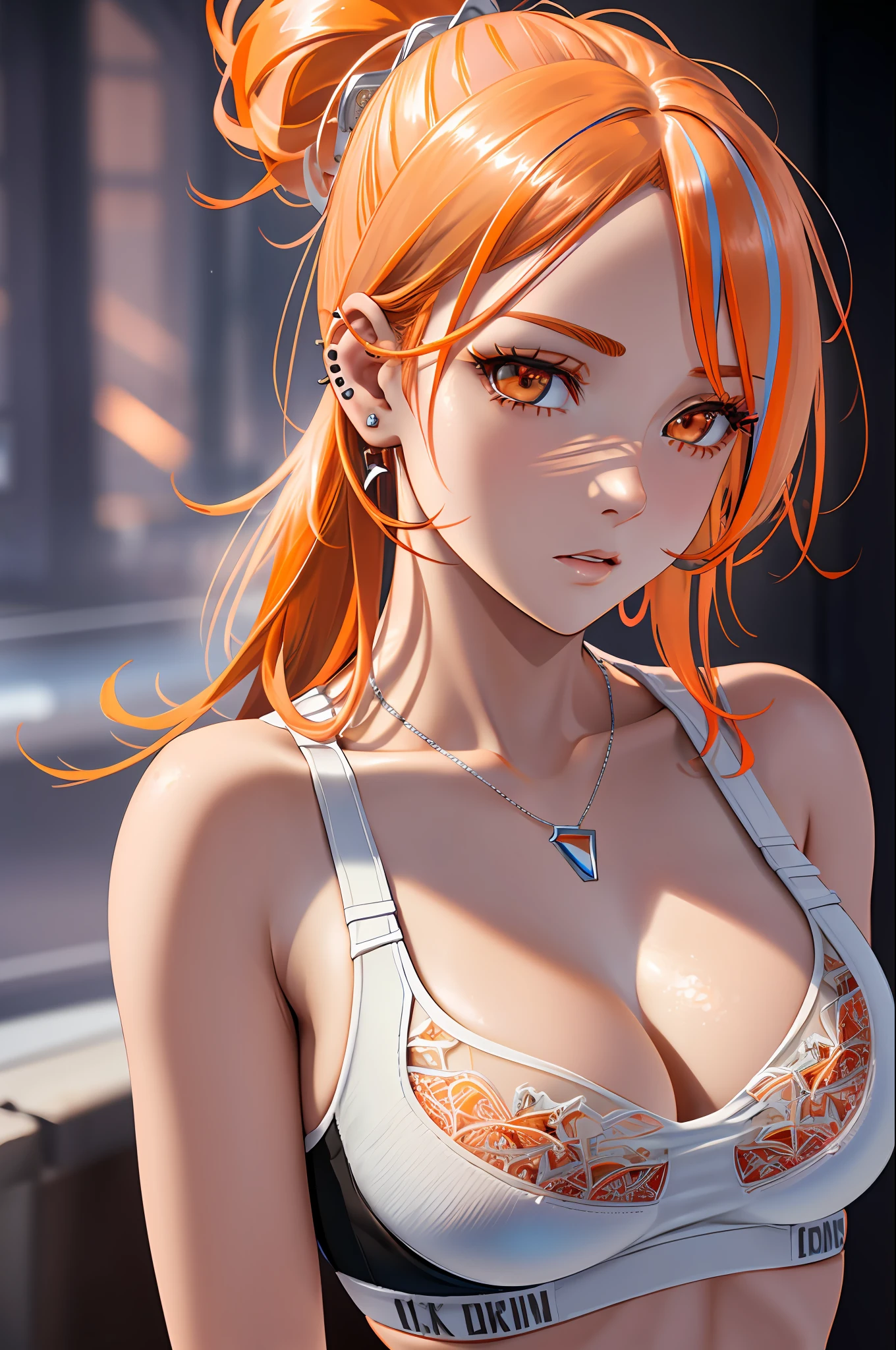 realistic, Beautiful detailed girl, clear and beautiful, Personage as the main perspective, shiny_skin, girl,woman,female, young,25 years old, (medium hair), bangs, (Top knot:1.3), sidelocks, orange hair, (beautiful detailed Glass hair), pink streaked hair,beautiful detailed cold face, cold expression, complex details beautiful and delicate eyes, fingernails, medium_breasts, , orange eyes, Authentic skin texture, gleaming skin,(Multiple piercings), necklace,(sports bra:1.3),bloom,(line art:1.2),realistic illustration,(unreal engine),(GoPro),(insanely detailed),perfect shading,(digital art),(ray tracing),(intricate detailed),creative refinement,(dark atmosphere)