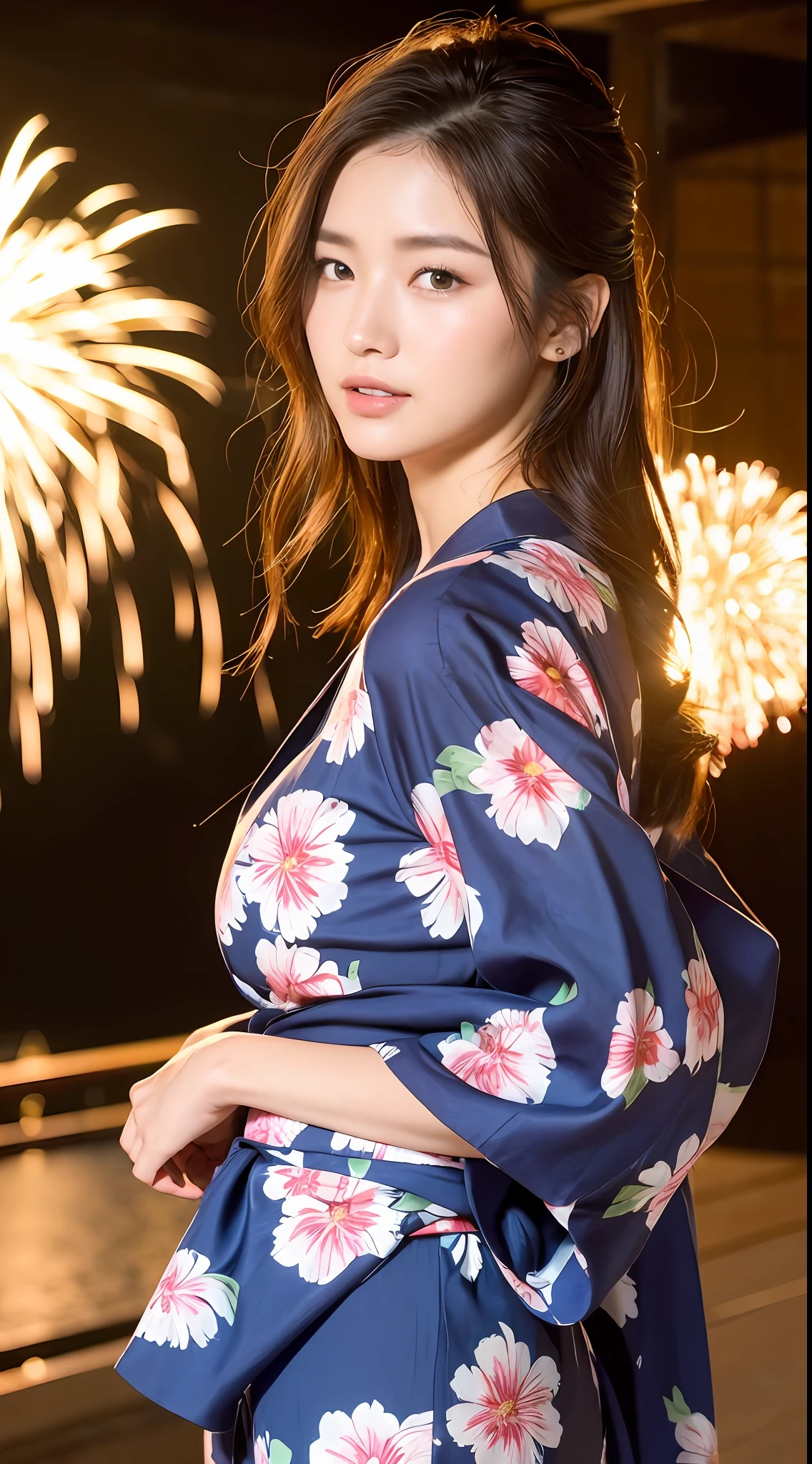 ((Top Quality, 8K, Masterpiece: 1.3)), Focus: 1.2, Perfect Body Beauty: 1.4, Buttocks: 1.2, ((Breast: 1.2)), Yukata: 1.1, Highly Detailed Face and Skin Texture, Delicate Eyes, Double Eyelids, Whitened Skin, Super Big: 1.4, Japan Girls, Fireworks Display, Tied Up Hair