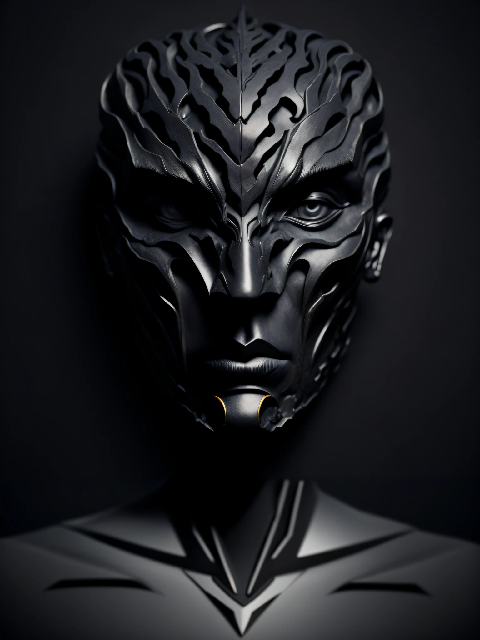 there is a black mask with a face made of metal, detailed portrait of a cyborg, portrait of metallic face, face of an armored villian, close-up portrait of cyborg, sci-fi face, metal mask, sci - fi face, cybernetic machine female face, portrait of a cyborg, sharp sleek cyborg dragon head, portrait of male humanoid