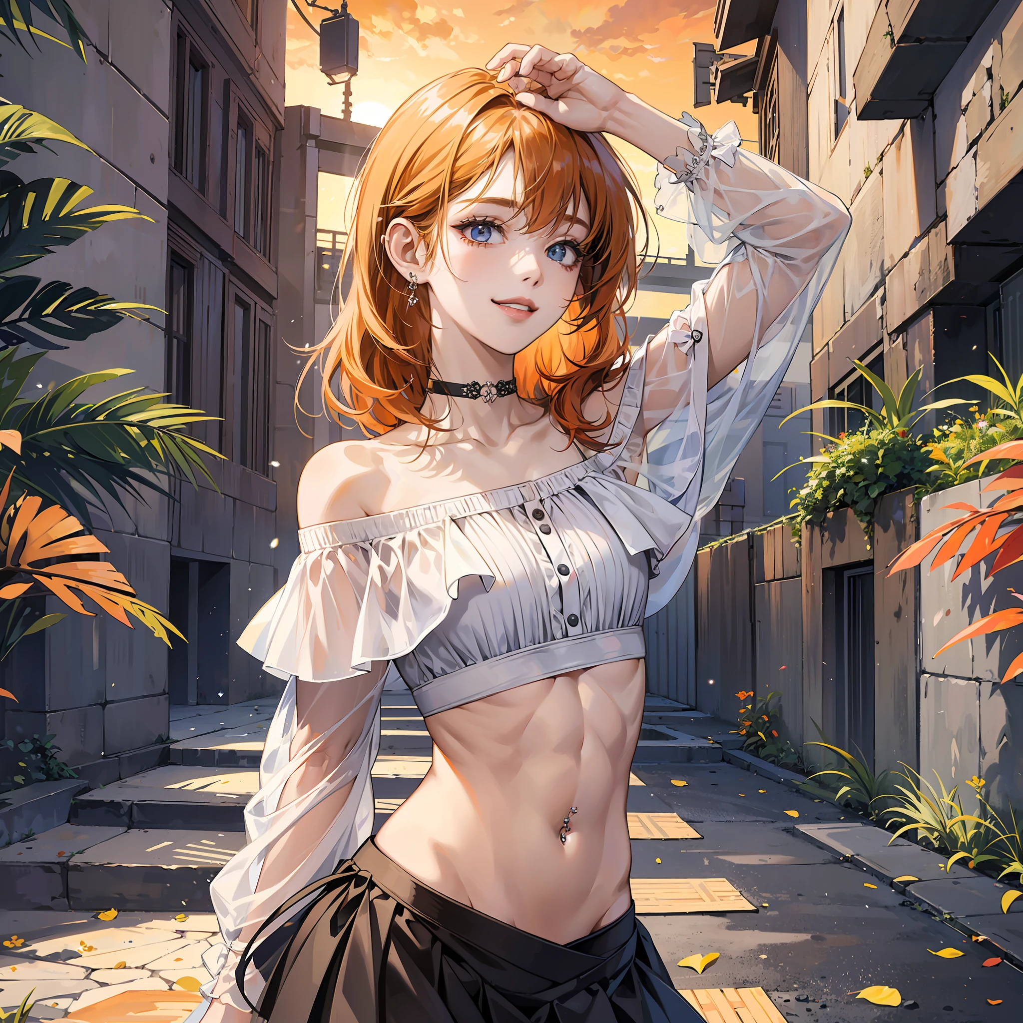 ((Day, Real Light, Top Quality, 8k, Masterpiece: 1.3)), 1 girl, slender beautiful girl: 1.4, abs 2,0, buttocks 1.5, (orange medium hair, small breasts 2.0), mini skirt pleats: 1.2, off-shoulder, white studio, ultra detailed face, ultra detailed eyes, double eyelids, eyeliner, bangs free, navel piercing, choker, smile