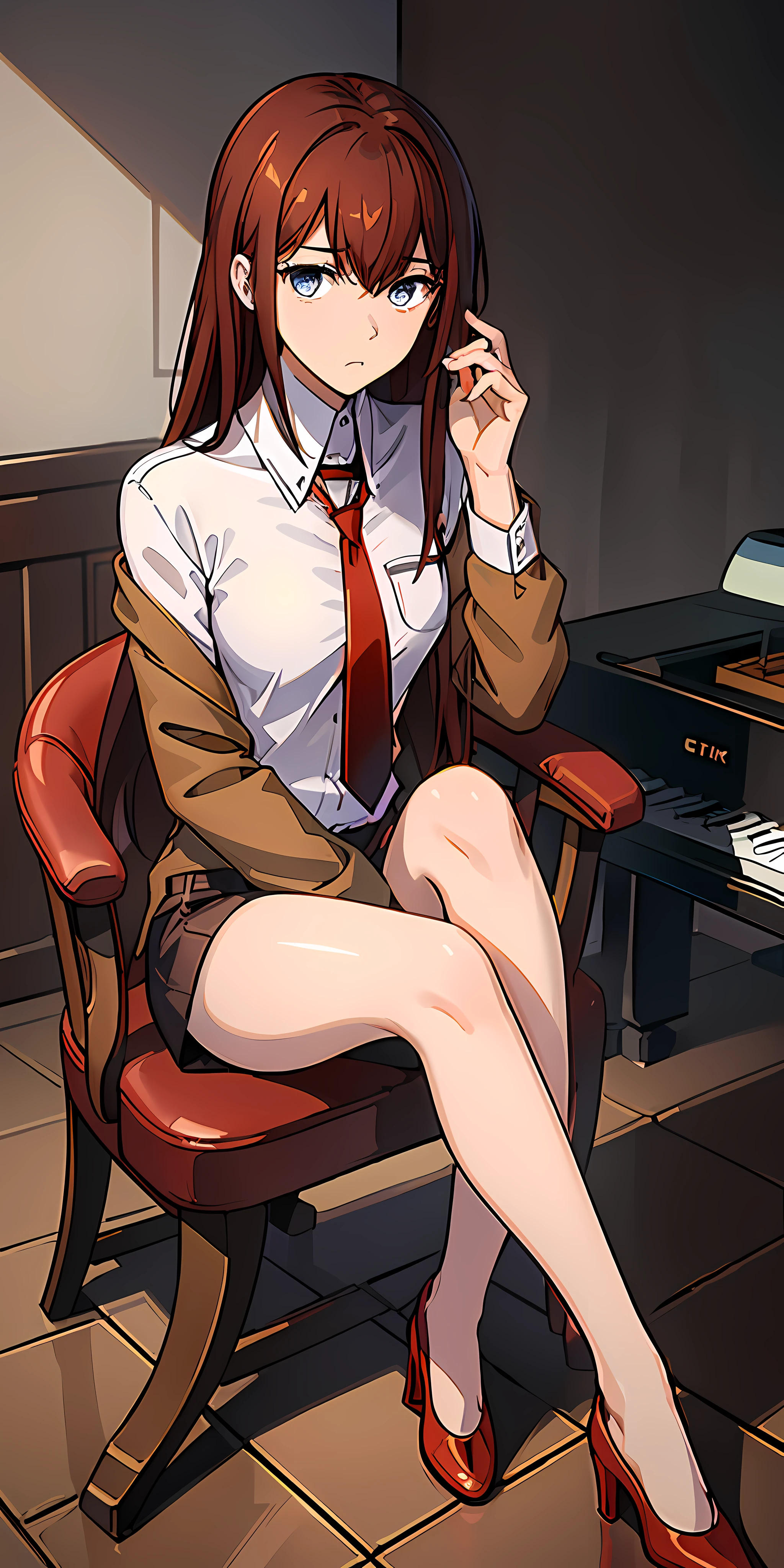 ((masterpiece,best quality,ultra detailed,8k)),brown_hair,collared_shirt,jacket,long_sleeves,makise_kurisu,sitting on a chair hand lay low, extremely dark room, red_necktie,solo,1girl,white_shirt,perfect face,red_hair, (sad:1.2),full body, (close_mouth)