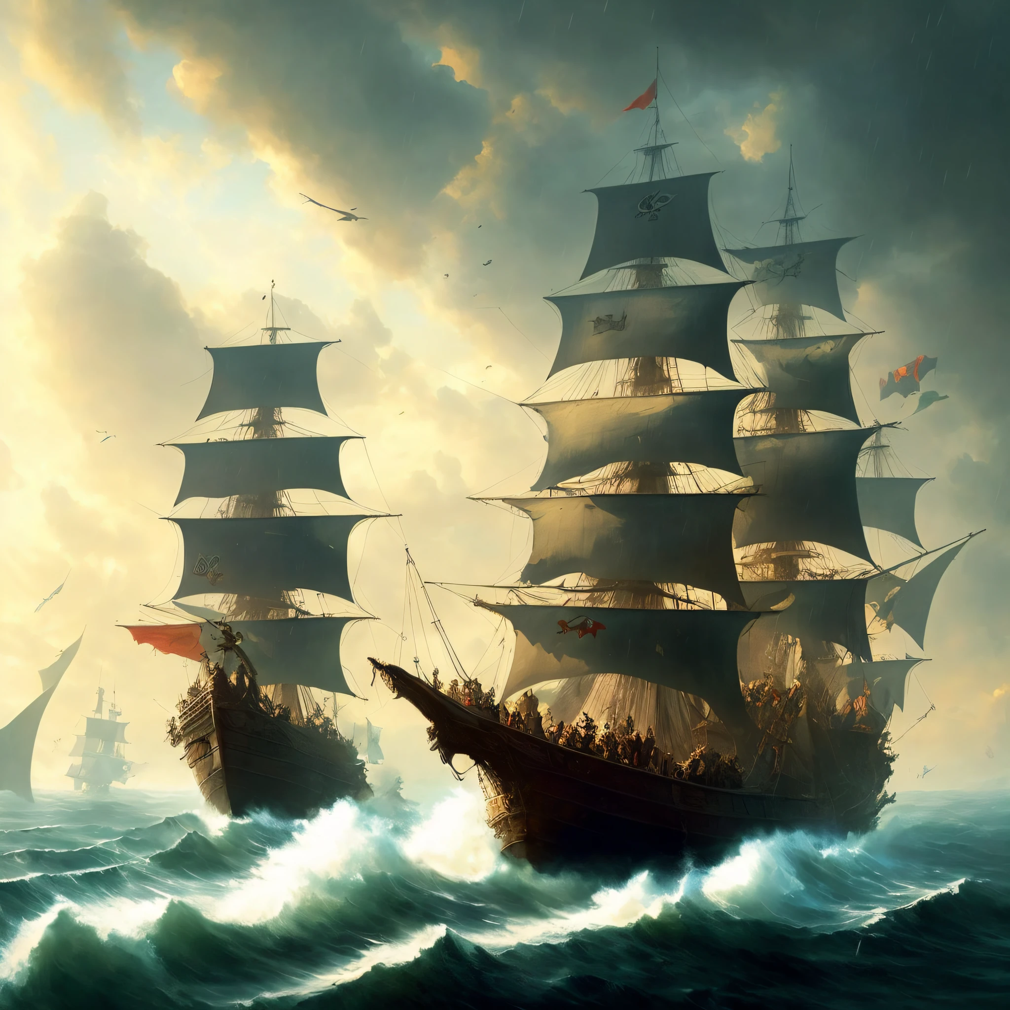 Pirate ship in the midst of bad weather, detailed oil painting, unreal 5 render, Rads, Sargent and Leyendecker, Savrasov, Levitan Polenov, Bruce Pennington, ghibli studio, Tim Hildebrandt, digital art, landscape painting, octane render, beautiful composition, popular on artstation, award-winning photography, masterpiece, sekart style (dreamlikart:1.2). mdjrny-v4 style