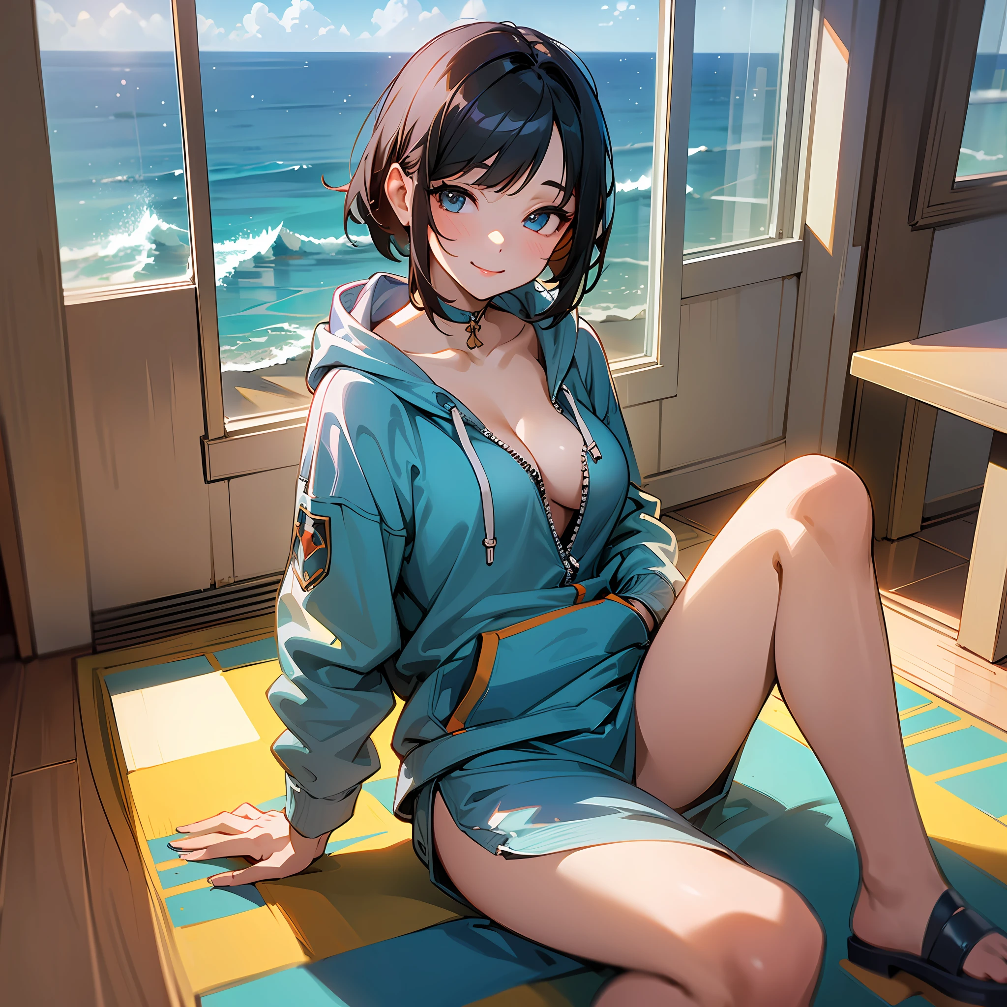 1 girl, masterpiece, best quality, realistic, real, temptation light smile, short shoulder length hair, attractive eyes, (small breasts), (fancy hoodie), (showing cleavage), extremely detailed, full body, in the modern hotel room, (floor to ceiling windows with ocean view), nsfw, --auto --s2