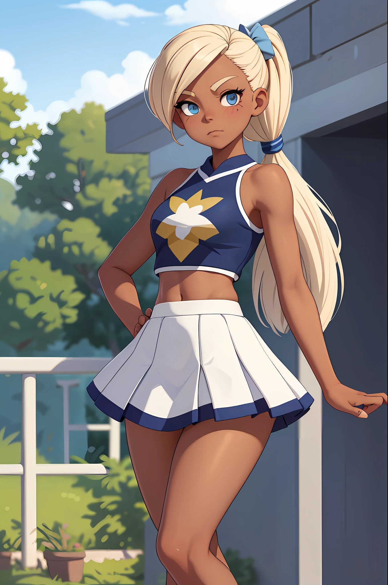 1 girl, ((dark skin)), (platinum blond hair), (cheerleader), (Delicate and beautiful cheerleader uniform), (crop top), (two pom pom), zettai ryouiki, twin tail, (embarrassed expression), detailed skin, (oily skin), glossy skin, fine skin, (beautiful hair), (beautiful blue eyes), looking at viewer, (fullpage of girls), hand with five delicate fingers, (perfect anatomy), (correct limb), (realistic), (dynamic angle), outdoors, stadium, sky, fantasy art background, white socks, seductive pose