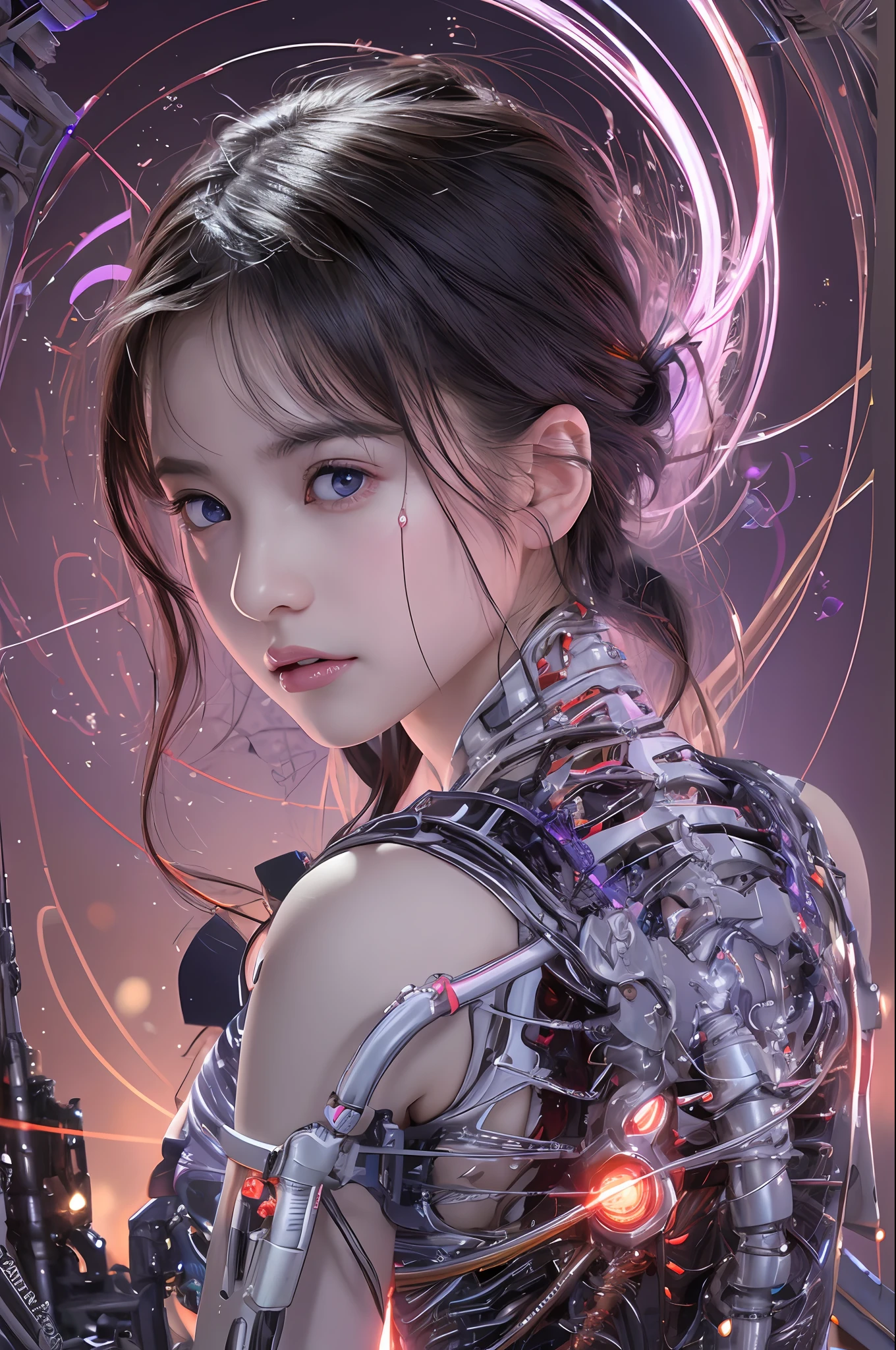 Top Quality, Masterpiece, Ultra High Resolution, (Photorealistic: 1.4), Raw Photo, 1 Girl, Black Hair, Glossy Skin, 1 Mechanical Girl, (Ultra Realistic Details)), Portrait, Global Illumination, Shadows, Octane Rendering, 8K, Ultra Sharp, Big, Cleavage Exposed Raw Skin, Metal, Intricate Ornament Details, Egyptian Details, Very intricate details, realistic light, CGSoation trend, purple eyes, glowing eyes, facing the camera, neon details, mechanical limbs, blood vessels connected to the tube, mechanical vertebrae attached to the back, mechanical cervical attachment to the neck, sitting, wires and cables connecting to the head, evangelion, small LED lamp,