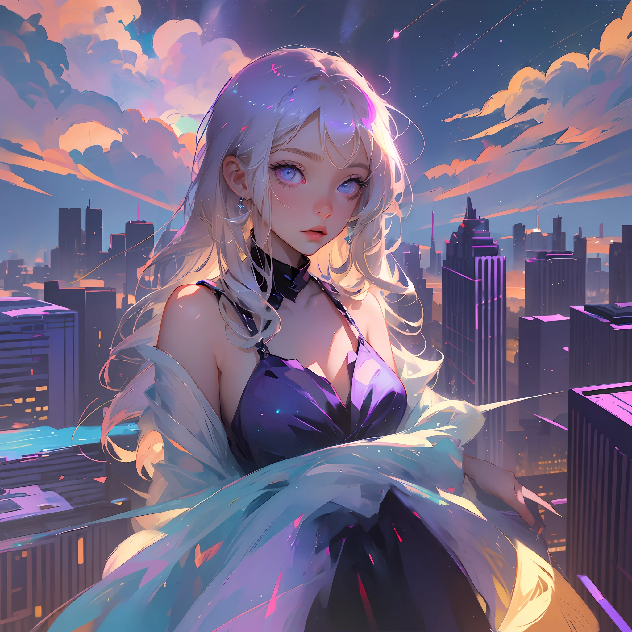 Light blonde haired anime girl with pale blue purple eyes wearing light blue purple short dress spaghetti straps standing on the edge of a sky scrapper in middle of city new york under starry sky --auto --s2