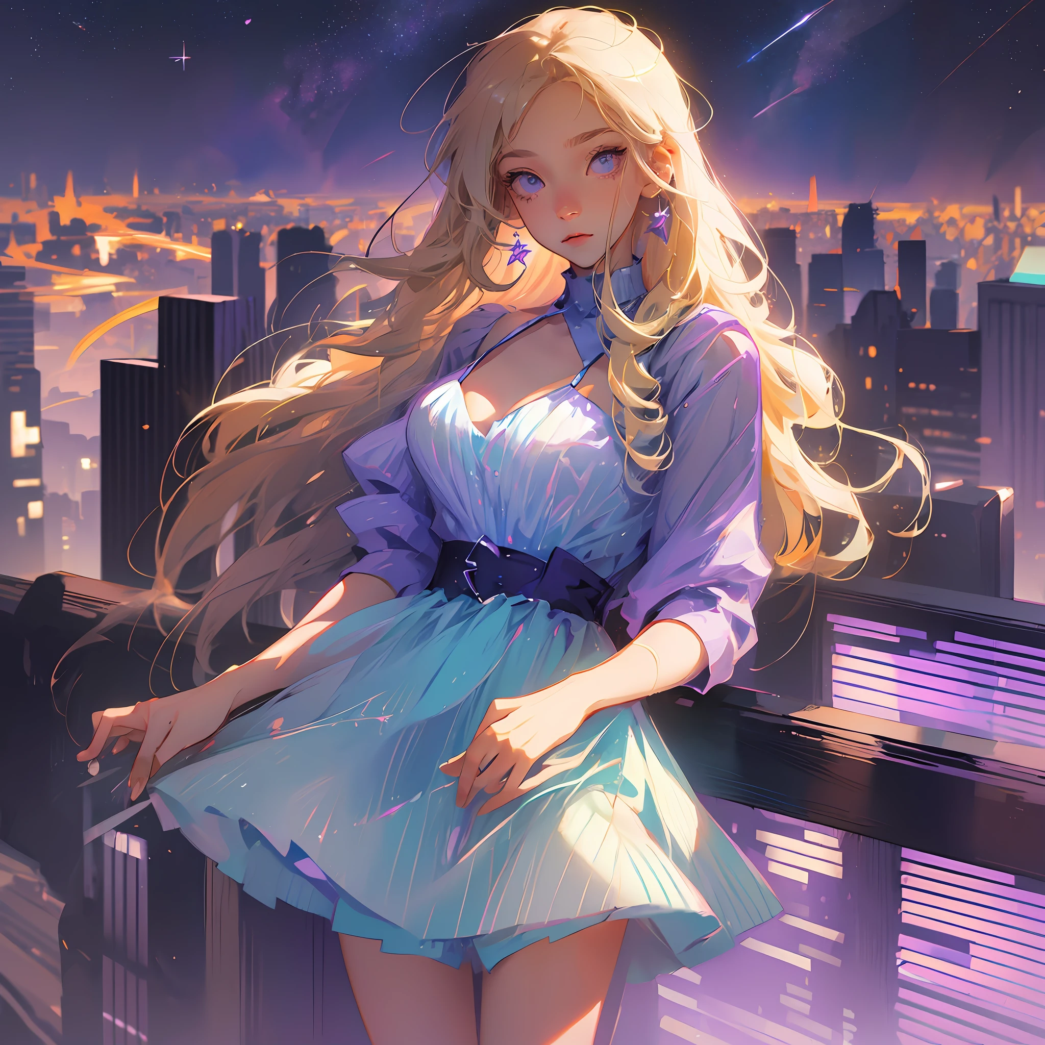 Light blonde haired anime girl with pale blue purple eyes wearing light blue purple short dress spaghetti straps standing on the edge of a sky scrapper in middle of city new york under starry sky --auto --s2