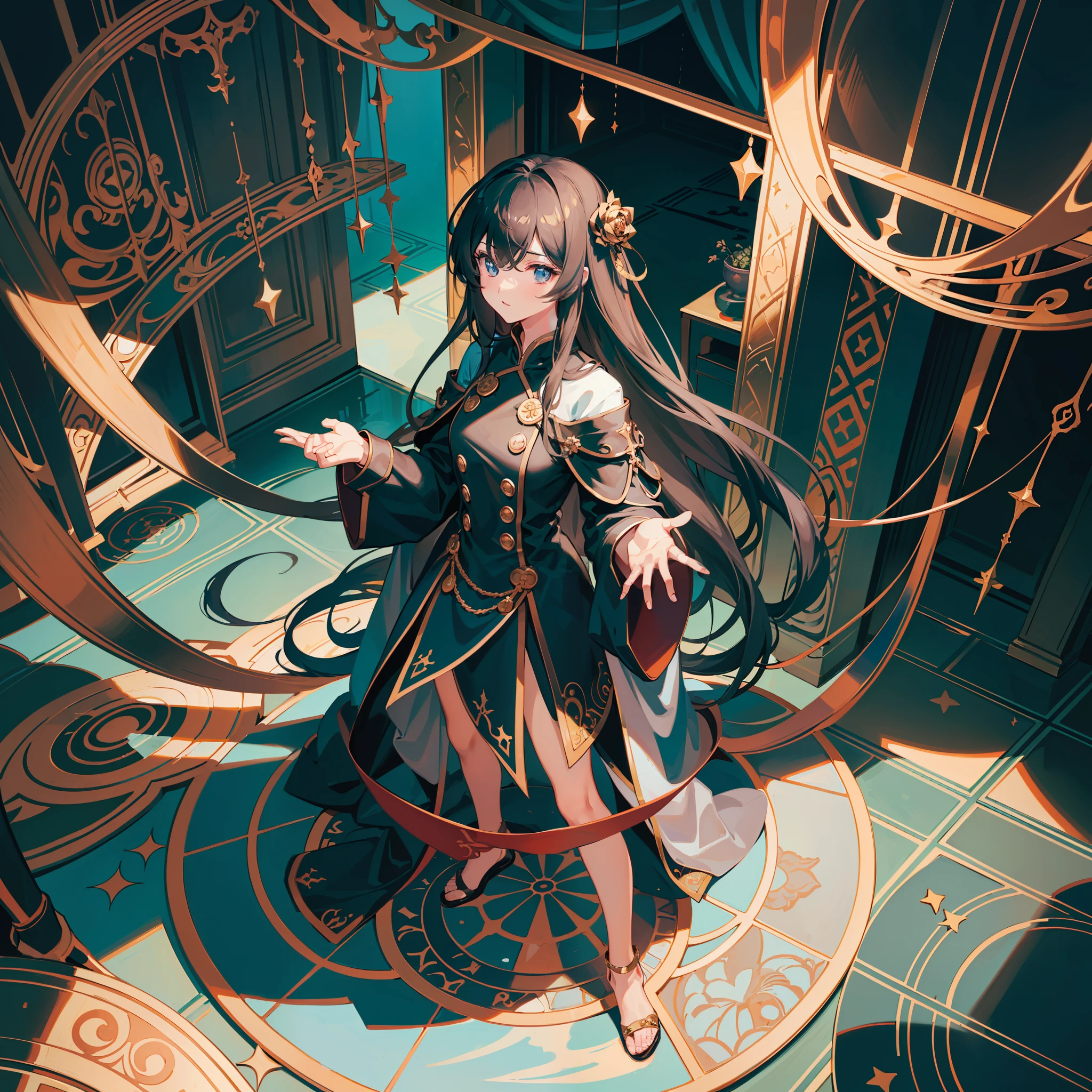 round image,(masterpiece:1.3), (the best quality:1.2), (super fine illustrations:1.2), (Masterpiece), high quality, high detail,(SOLO:1.4),((round image)),[(game character portrait:1.2):5], {1 girl},{solo},(((full body))),{{{only five fingers}}},long hair,whole body,look at viewer, from above,(hide hands:1.2),