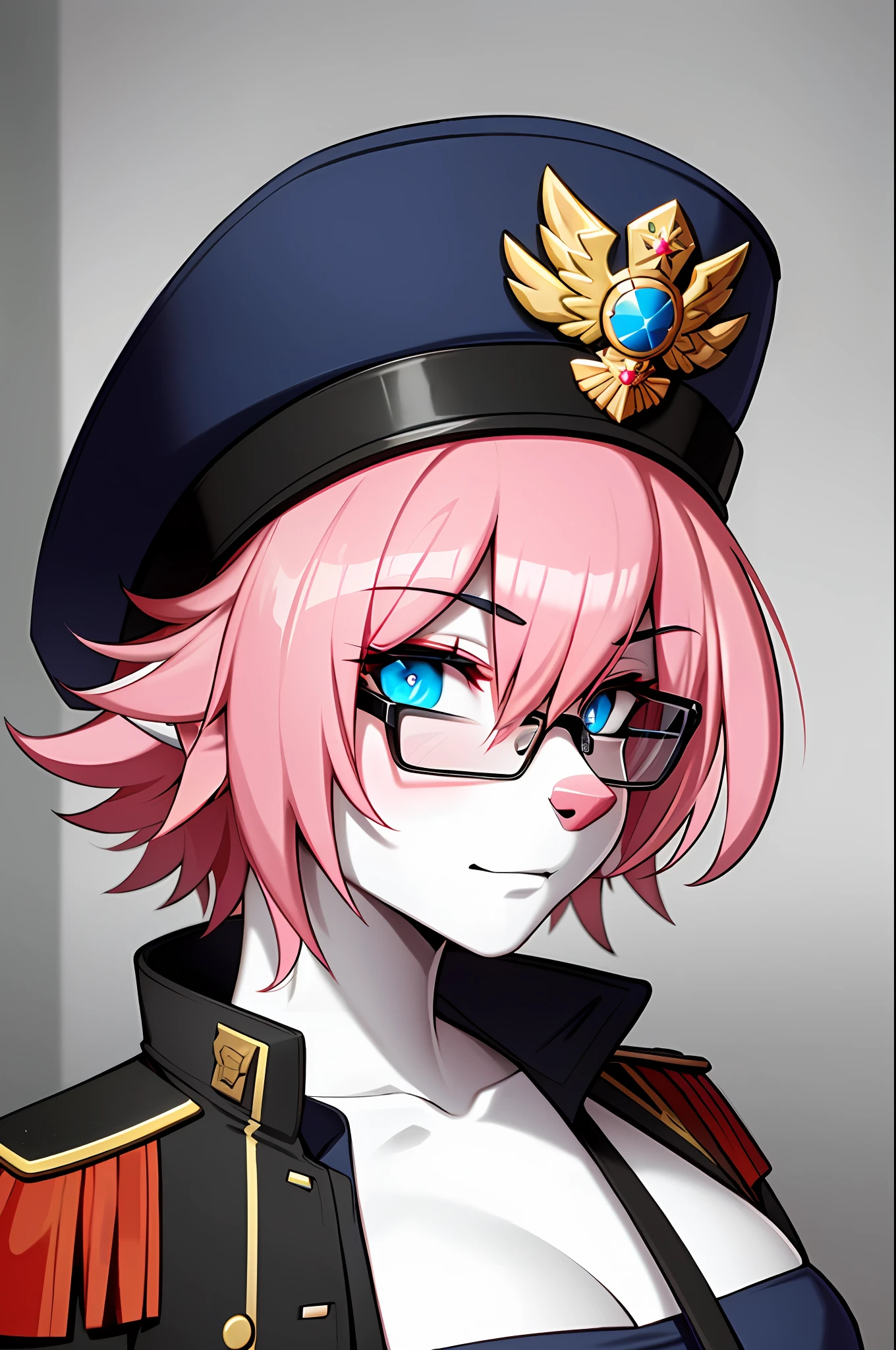 (masterpiece, best quality)), (Anthro Furry:1.3, muzzle:1.2, Anthro:1.3, Furry:1.2, closeup:1.2, female solo:1.2, (wearing Russian military coat) military pants, wearing glasses, Fox spiraled in the colors of Funtime Foxy,Five Nights at Freddy,white skin pink details, pink eyes, sexy position, deserted ambient place, Russian general military hat.