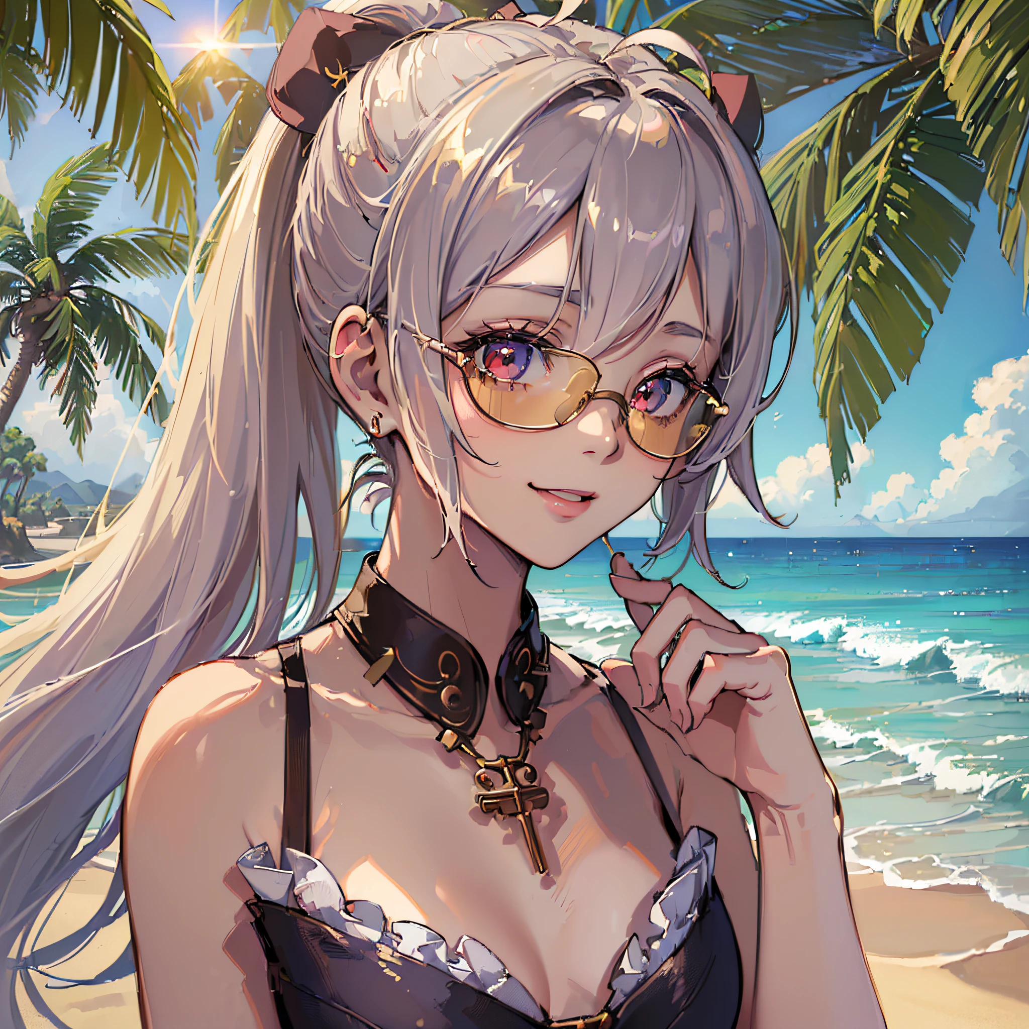 (((Masterpiece)), (((Highest Quality)), (((Very delicate and beautiful)), (Highly detailed CG Unity 8K wallpaper: 1.3), Very delicate light, (Backlight), (Steampunk),
/=, (1 : 1.3), Solo, (Petite), (Small), Neon Pink Sunglasses, Swimsuit, White Hair, Red Eyes, Earrings, (Ponytail), (Ahoge), (Cute Face: 1.114), (Fine Eyes: 1.15), (Cute Face: 1.114)
, (beautiful fine eyes and beautiful face: 1.15),
The girl is smiling and looks happy in a beautiful tropical landscape. Behind her, the sun is setting, casting a warm glow on the scene, creating a dreamy atmosphere. In the distance, palm trees sway in the breeze, creating a leisurely retro atmosphere, such as sand, sun, beach, sea, horizon, etc.
Highly detailed ray tracing