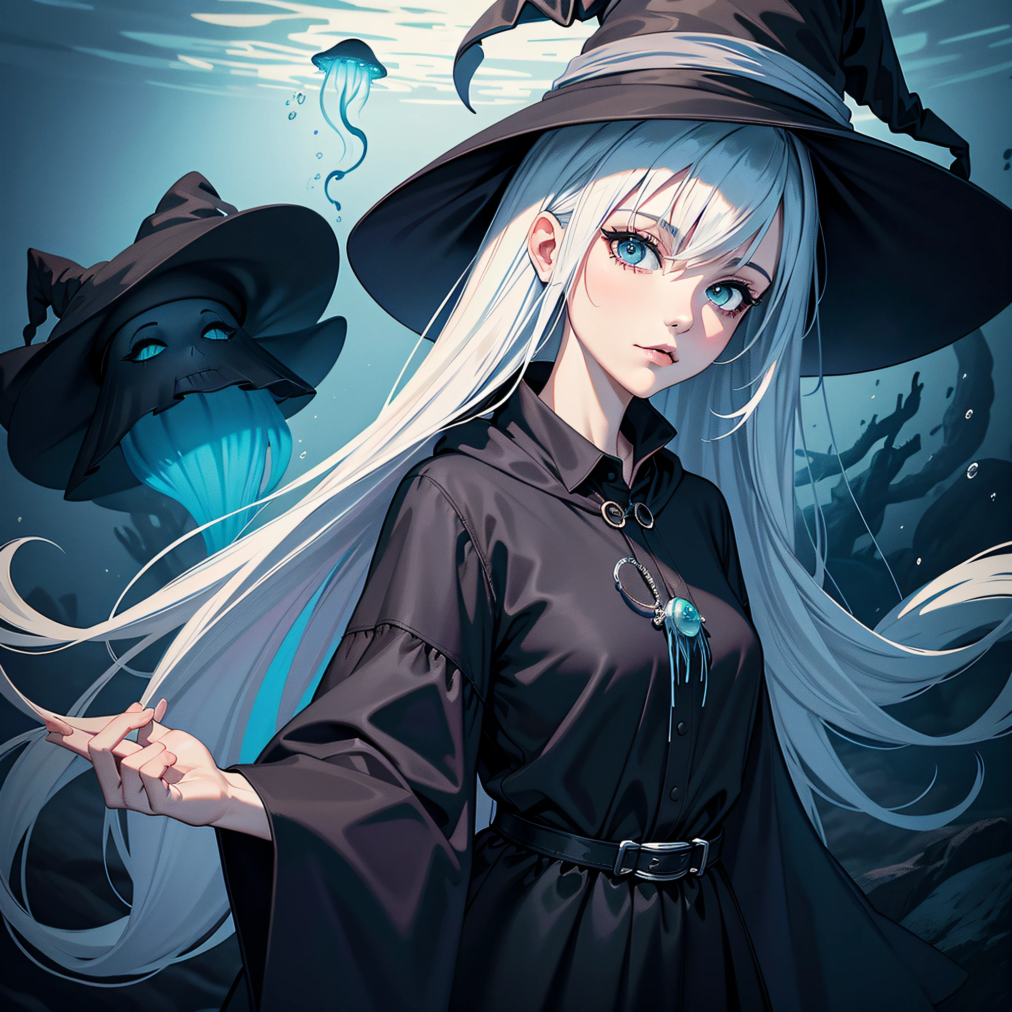 Witch, Charcoal colors, witch hat, witch outfit, deep under the sea with jellyfish in the background, masterpiece, best quality