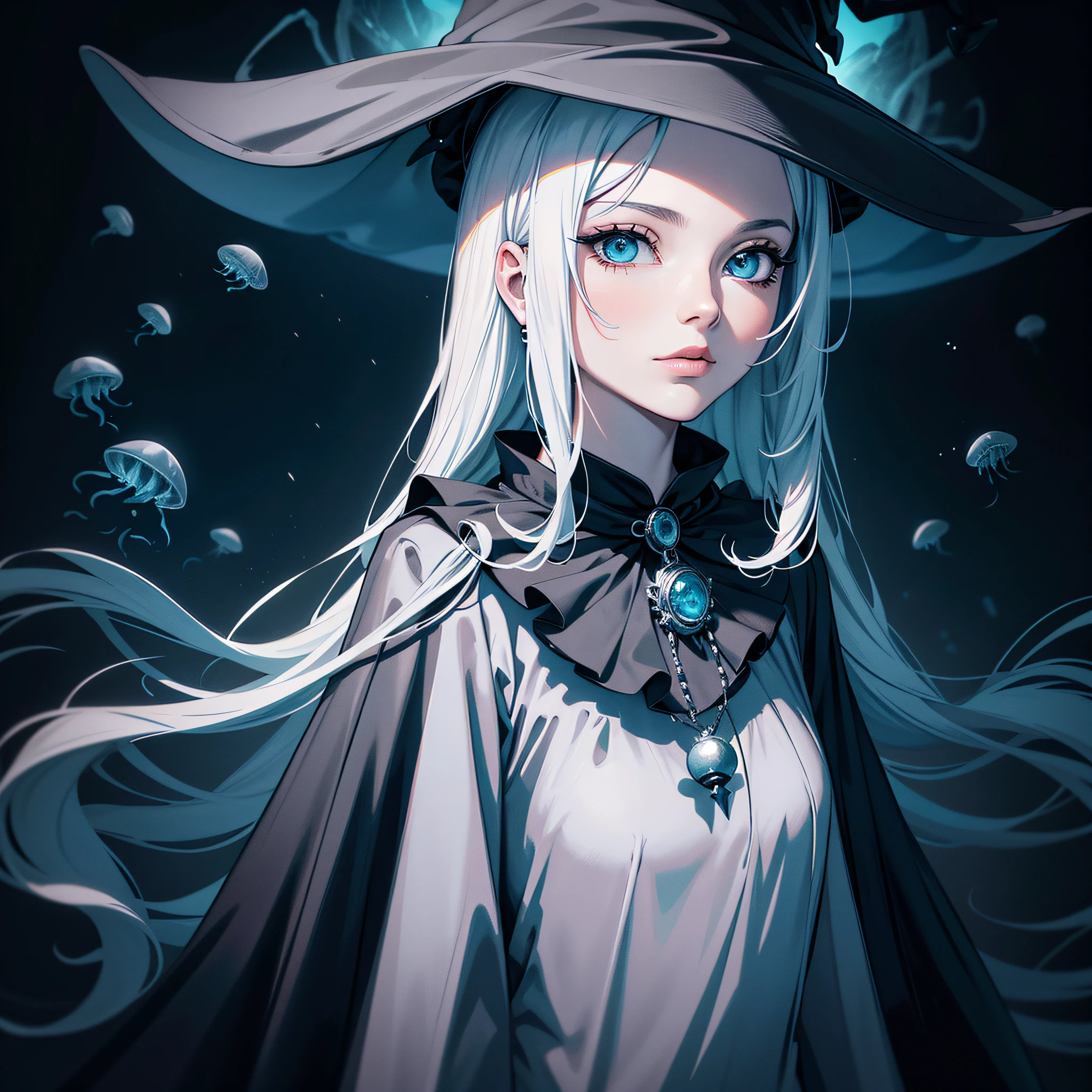 Witch, Charcoal colors, witch hat, witch outfit, deep under the sea with jellyfish in the background, masterpiece, best quality