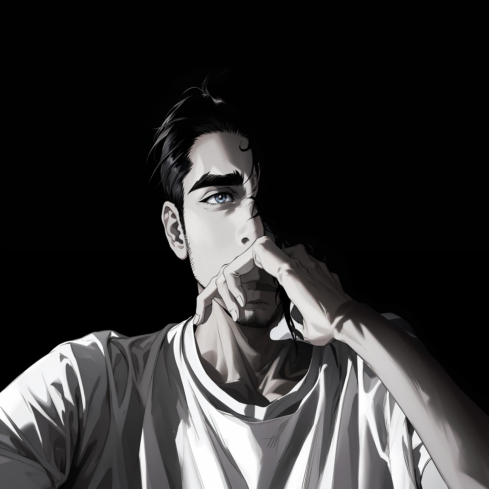 (absurdres, highres, ultra detailed), (1 male, solo, young guy, handsome), anime, anime style, stylish hair, detailed hair, black hair, dark eyes, detailed eyes, (angular jaw:1.4, thick neck:1.4, thick eyebrows:1.4), BREAK, night, dark, dark background, black and white, white t-shirt, BREAK, upper body, detailed