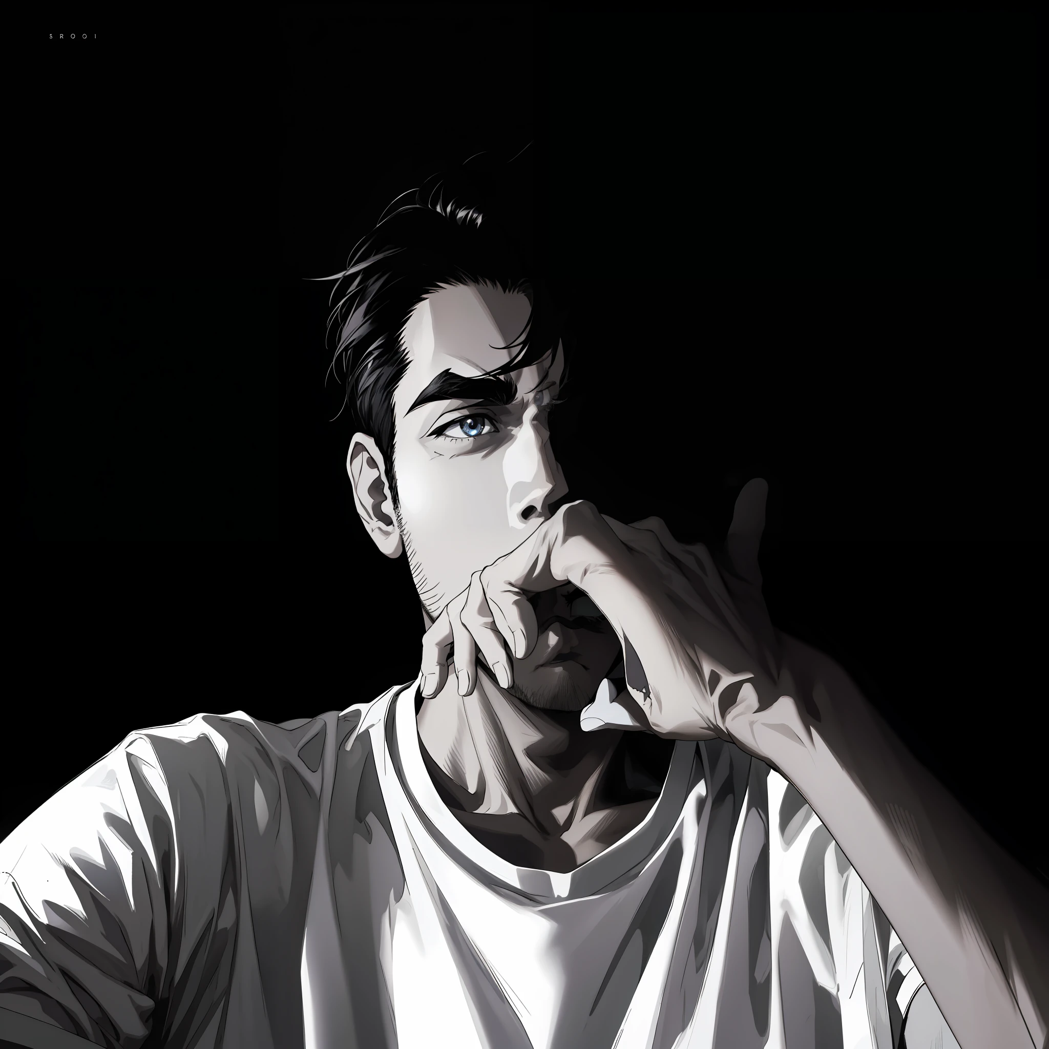 (absurdres, highres, ultra detailed), (1 male, solo, young guy, handsome), anime, anime style, stylish hair, detailed hair, black hair, dark eyes, detailed eyes, (angular jaw:1.4, thick neck:1.4, thick eyebrows:1.4), BREAK, night, dark, dark background, black and white, white t-shirt, BREAK, upper body, detailed