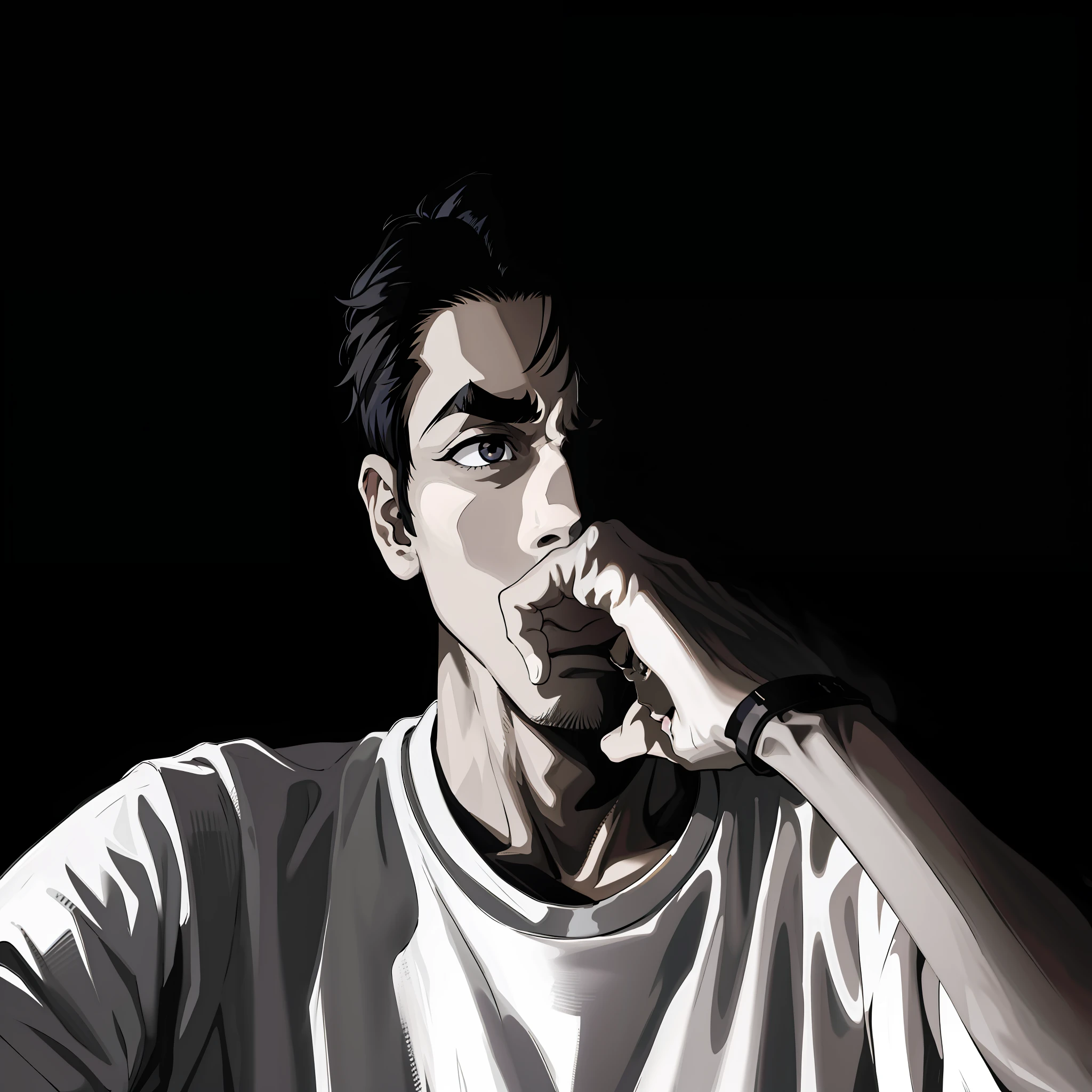 (absurdres, highres, ultra detailed), (1 male, solo, young guy, handsome), anime, anime style, stylish hair, detailed hair, black hair, dark eyes, detailed eyes, (angular jaw:1.4, thick neck:1.4, thick eyebrows:1.4), BREAK, night, dark, dark background, black and white, white t-shirt, BREAK, upper body, detailed