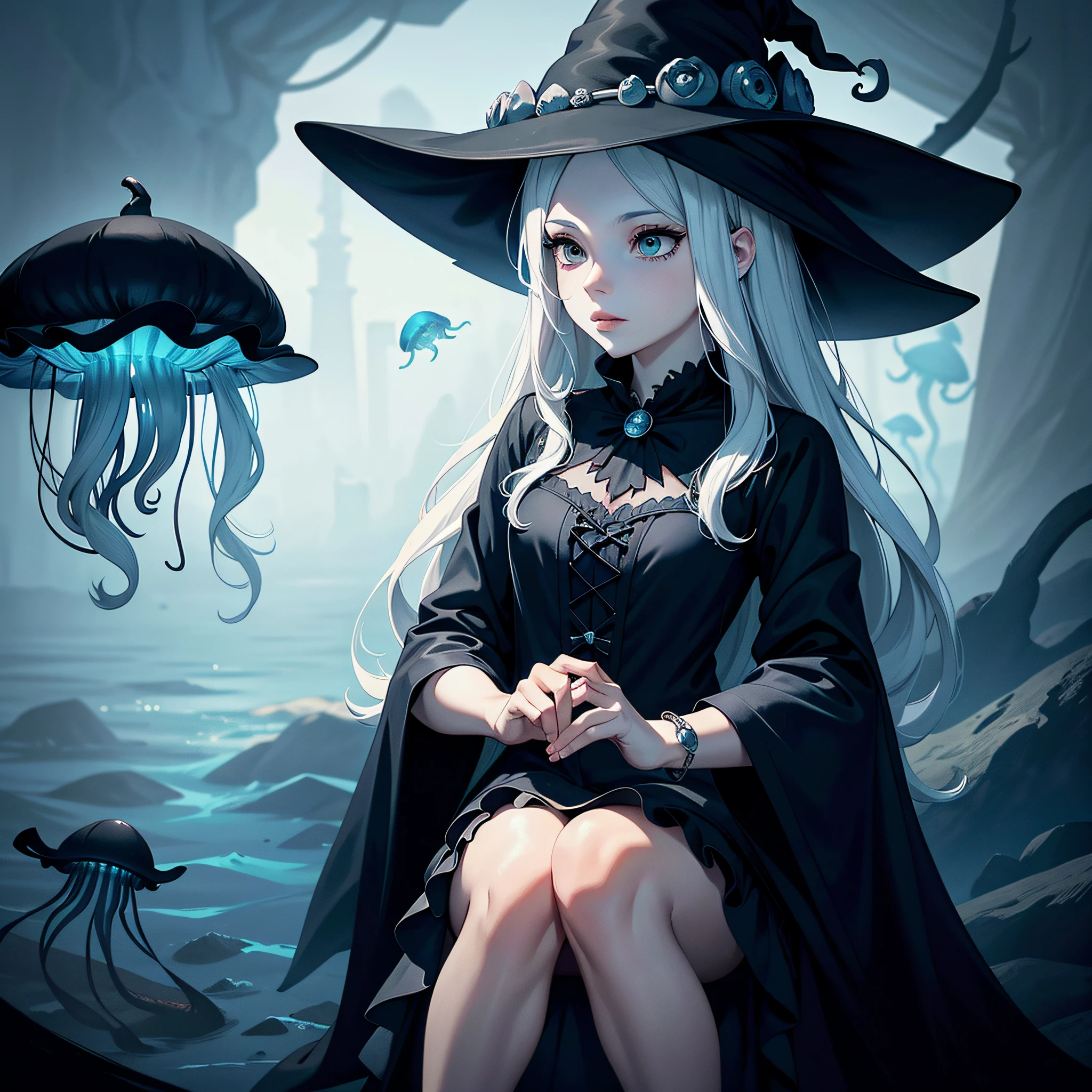 Witch, Charcoal colors, witch hat, witch outfit, deep under the sea with jellyfish in the background, masterpiece, best quality
