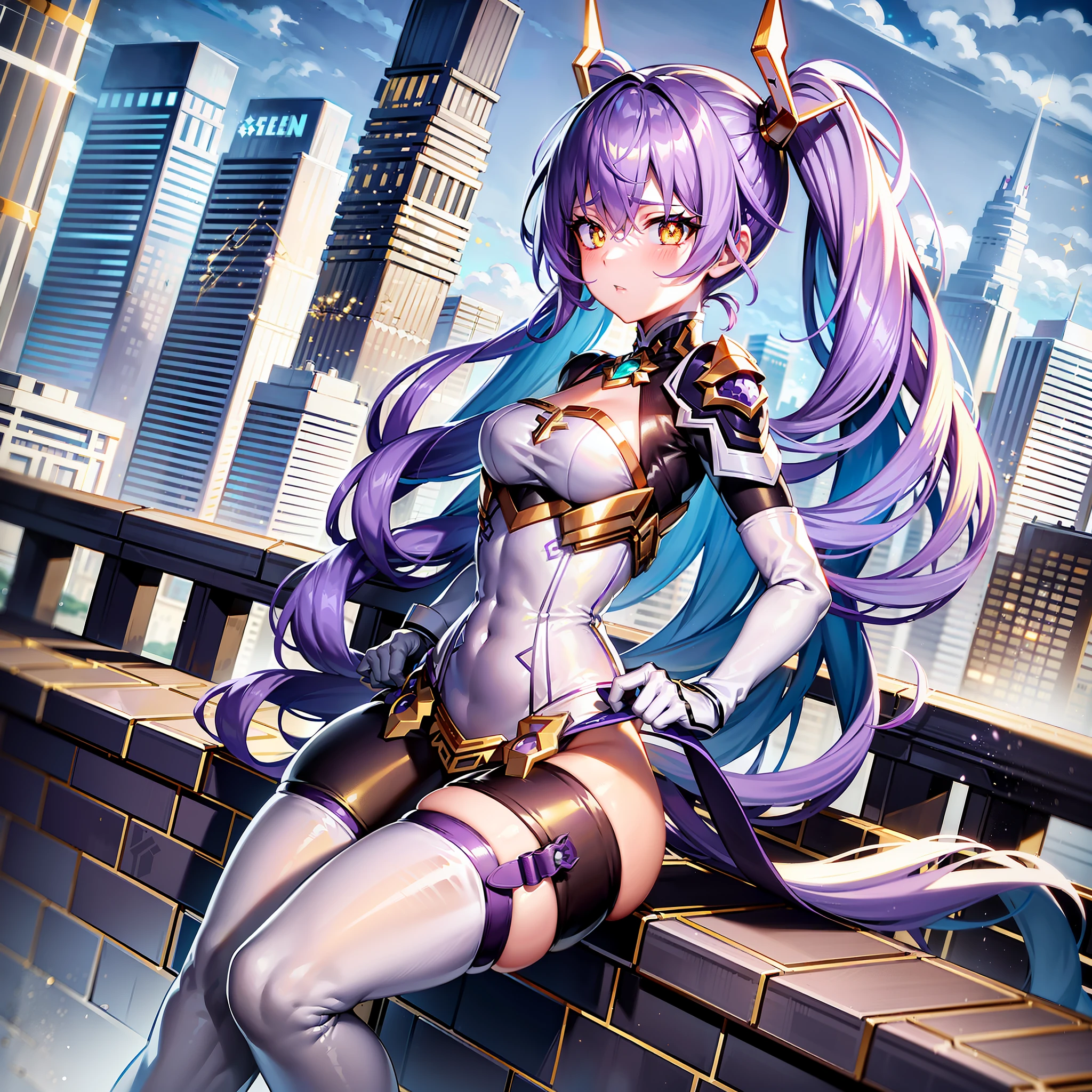 ({best quality}),(Ultra Fine),single girl,alone,19 years old,well_developed curves,curvaceous_body,hourglass_figure,perspective,beautiful_face,high_quality_outfits,futuristic_outfits,silght_blush,full_body,full detail face,protective outfits,Honkai_Star_Rail_art;
(Violet hair:1.5),indigo hair tips,violet (helix-shaped twintails:1.1),two long fin-shaped white hairclips,pointing upwards;(golden eyes:1.8),( white hilted pupils:1.4),golden holographic one-piece goggle eyeglasses on eyes;one hexagon aqua locket on breast;
Futuristic battlesuit,armored,covering all body,fitting body curves,white streamlined shoulder guards,black long slender sleeves,white armored arm bracers with aqua streakings,black gloves,white tanktop with aqua trim,black armored corset,two aqua buttons,aqua zipper along corset,white waistband with four gadget holsters,an aqua stripe framing breast,white scifi armored dress,white and aqua-edged armor tassets,white dress,white long pantyhoses with hexagon aqua patterns,a holster on left thigh,silver waistband with gadget holsters;silver mechanic boots,heeled boots; White mechanic backpack on back;
Rainy weather,night,stormy sky in background,rainy weather,floating in midair,overlooking city from midair,calm expression,vigilat gaze,stretching hands,standing,looking forwards