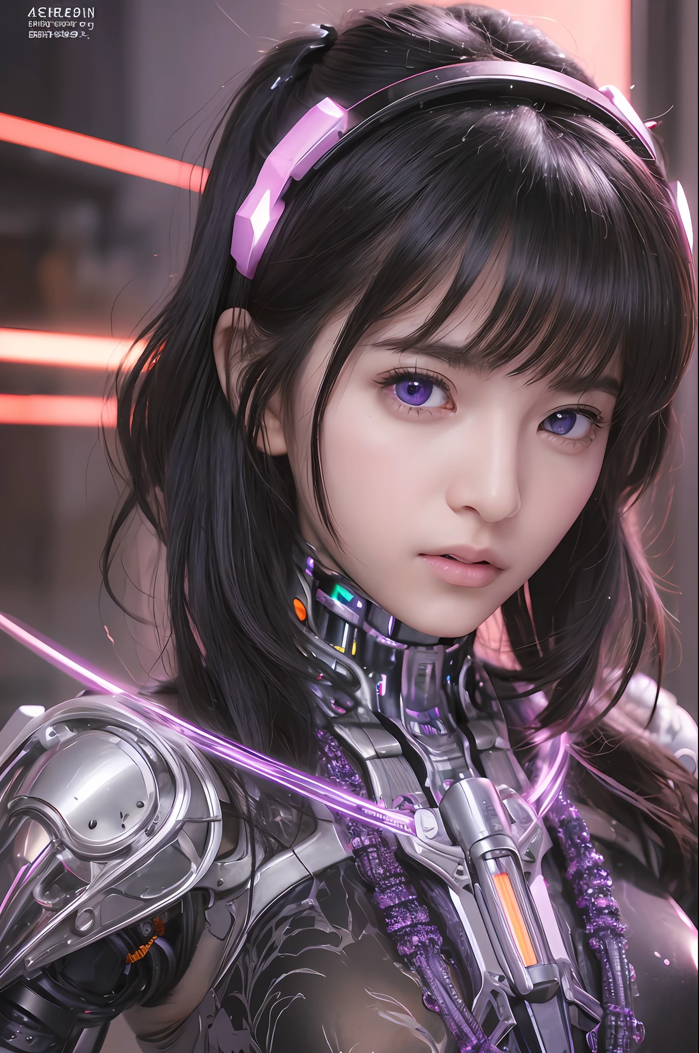 Top Quality, Masterpiece, Ultra High Resolution, (Photorealistic: 1.4), Raw Photo, 1 Girl, Black Hair, Glossy Skin, 1 Mechanical Girl, (Ultra Realistic Details)), Portrait, Global Illumination, Shadows, Octane Rendering, 8K, Ultra Sharp, Big, Cleavage Exposed Raw Skin, Metal, Intricate Ornament Details, Egyptian Details, Very intricate details, realistic light, CGSoation trend, purple eyes, glowing eyes, facing the camera, neon details, mechanical limbs, blood vessels connected to the tube, mechanical vertebrae attached to the back, mechanical cervical attachment to the neck, sitting, wires and cables connecting to the head, evangelion, small LED lamp,
