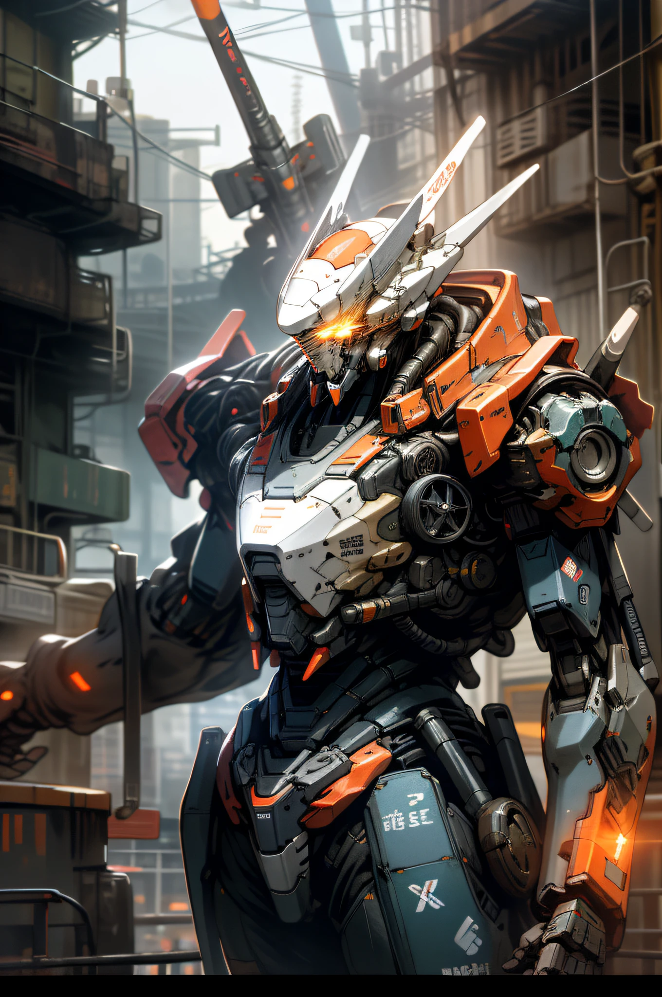 On the moon, barren planets, ruins, holding_weapon, no_humans, bright, robot, construction, glowing_eyes, orange mecha, science fiction, city, realistic, mecha, background of the Milky Way, neon, cyberpunk, macross, robotec,