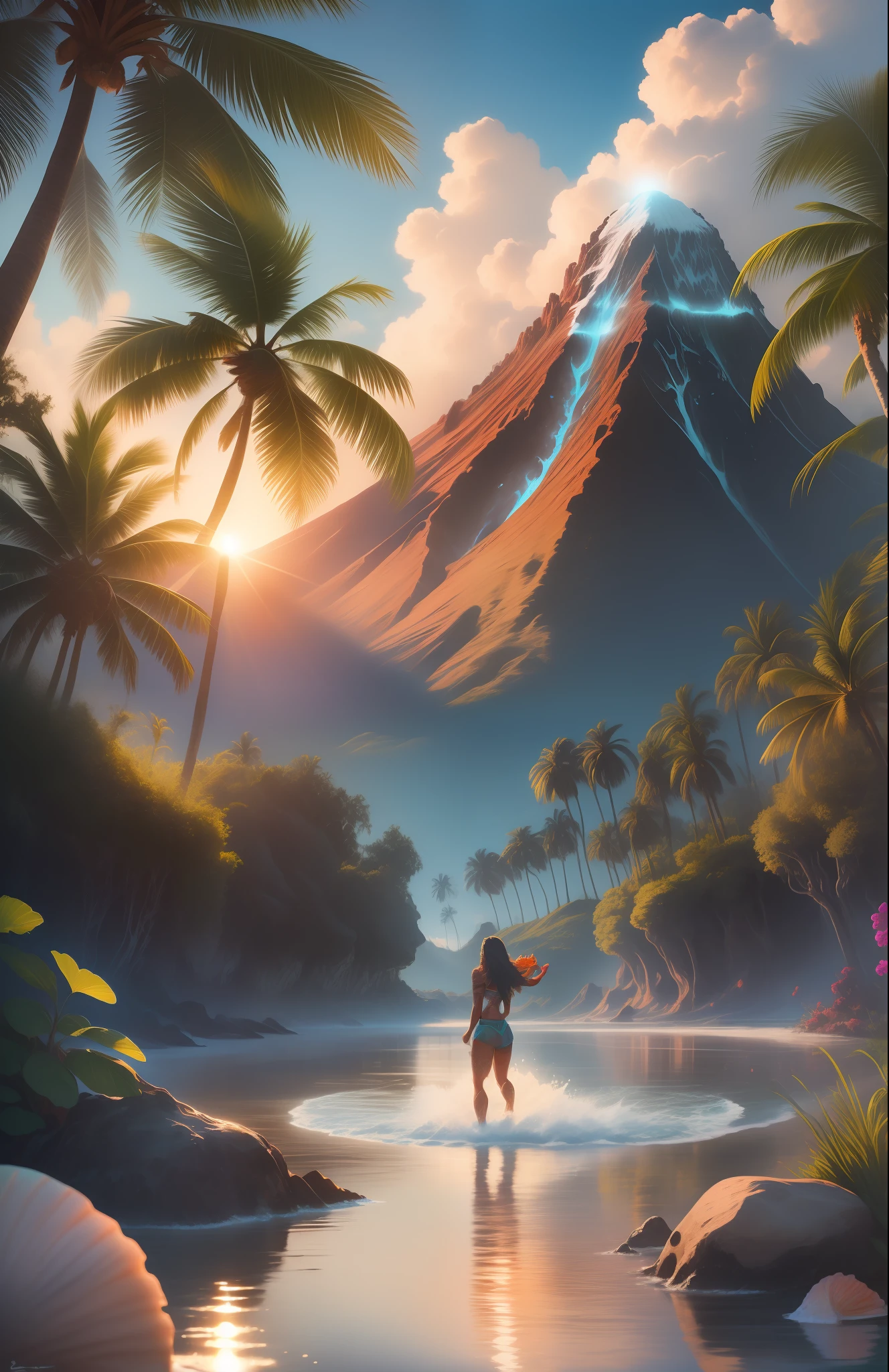 epic movie poster, volcano erupting, award winning (full body:1.3) portrait photo of a (moana:1.2), (seashell bikini:1.2), (water goddess:1.2), tribal tattoos, (wading:1.2) in the pacific (ocean:1.1), arms behind head, (partially submerged shot:1.2), (waves:0.9), desert island background, palm trees, beach,fluffy clouds in the sky, outrun, vaporware, trending on artstation, highly detailed, fine detail, intricate, (lens flare:0.9), (backlighting:0.9), (bloom:0.9), [Style-Micro::10]