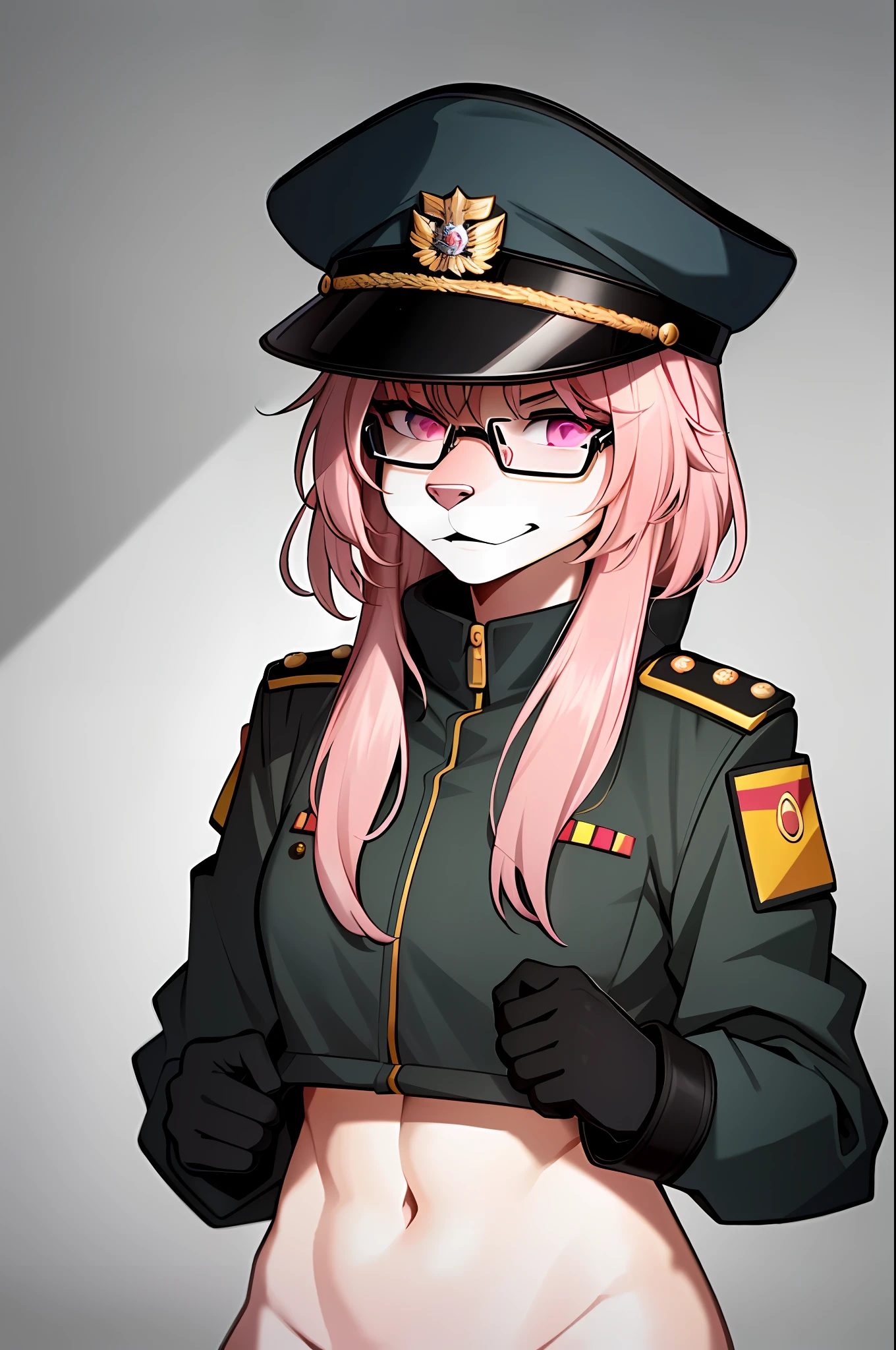 (masterpiece, best quality)), (Anthro Furry:1.3, muzzle:1.2, Anthro:1.3, Furry:1.2, closeup:1.2, female solo:1.2, (wearing Russian military coat) military pants, wearing glasses, Fox spiraled in the colors of Funtime Foxy,Five Nights at Freddy,white skin pink details, pink eyes, sexy position, deserted ambient place, Russian general military hat.