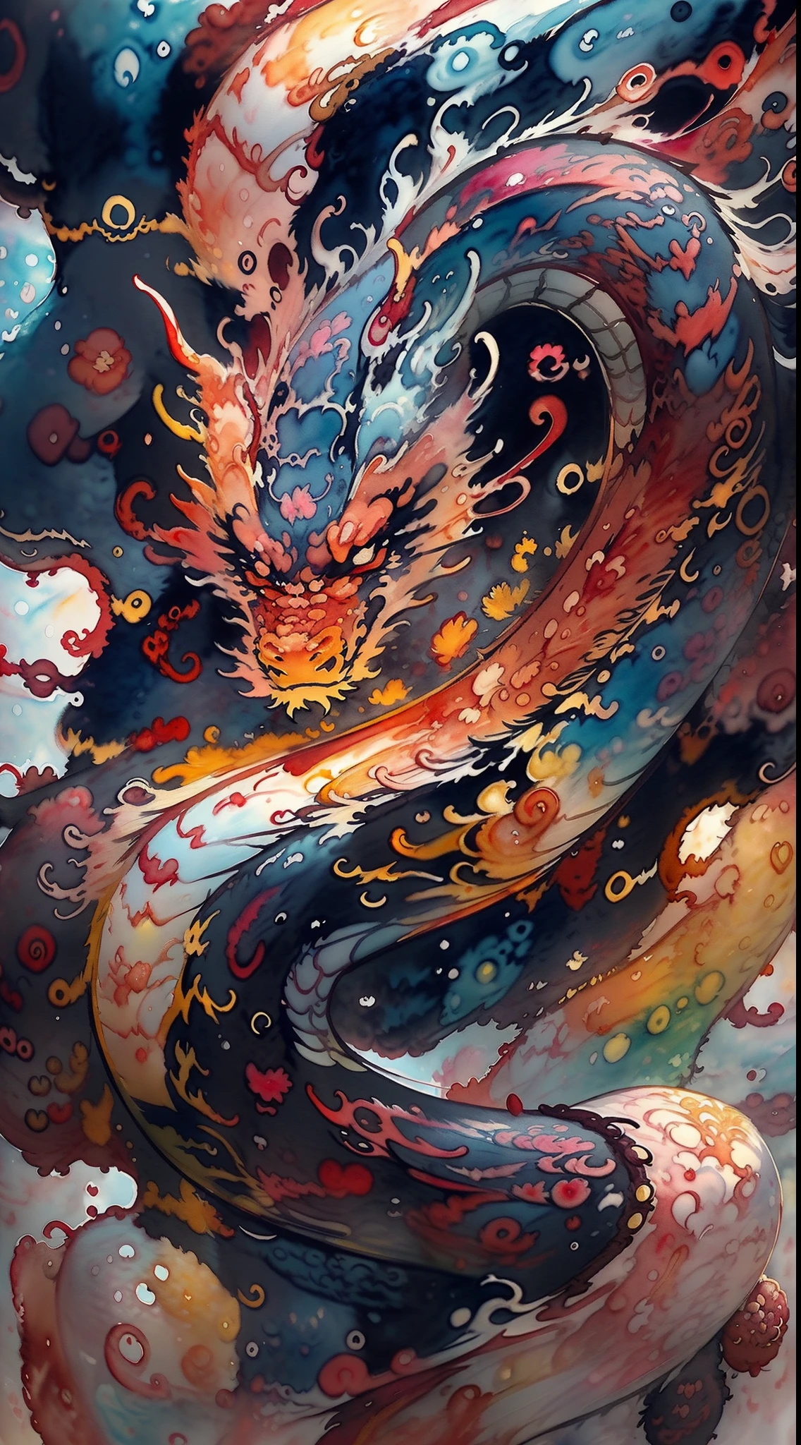 A highly intricate, traditional Chinese dragon, curled around a Chinese pagoda, intricately detailed scales, vibrant gold colors, ruby eye, with storm clouds behind, (Watercolor style:1.5), (Brush strokes with Asian aesthetic:1.2), calligraphy styled border, based upon the works of traditional Chinese artists such as Qi Baishi.