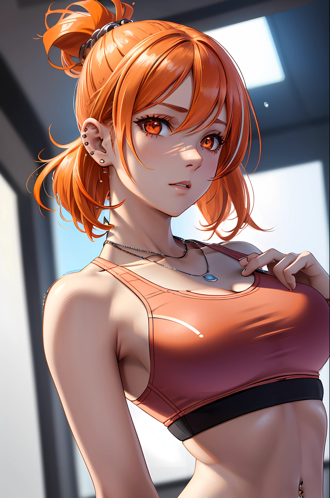 realistic, Beautiful detailed girl, clear and beautiful, Personage as the main perspective, shiny_skin, girl,woman,female, young,25 years old, (medium hair), bangs, (Top knot:1.3), sidelocks, orange hair, (beautiful detailed Glass hair), pink streaked hair,beautiful detailed cold face, cold expression, complex details beautiful and delicate eyes, fingernails, medium_breasts, , orange eyes, Authentic skin texture, gleaming skin,(Multiple piercings), necklace,(sports bra:1.3),(sports bikini:1.3),bloom,(line art:1.2),realistic illustration,(unreal engine),(GoPro),(insanely detailed),perfect shading,(digital art),(ray tracing),(intricate detailed),creative refinement,(dark atmosphere)