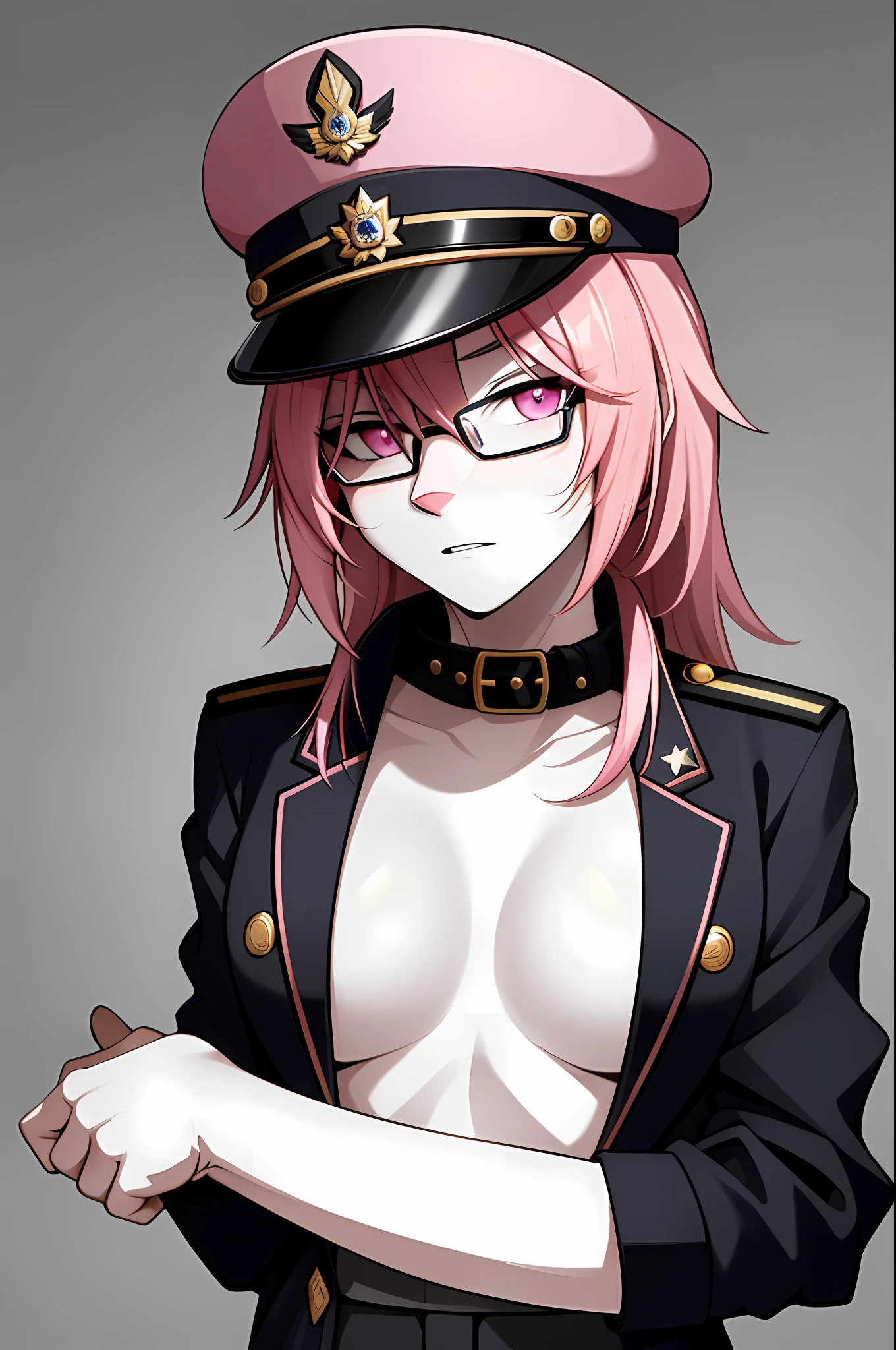 (masterpiece, best quality)), (Anthro Furry:1.3, muzzle:1.2, Anthro:1.3, Furry:1.2, closeup:1.2, female solo:1.2, (wearing Russian military coat) military pants, wearing glasses, Fox spiraled in the colors of Funtime Foxy,Five Nights at Freddy,white skin pink details, pink eyes, sexy position, deserted ambient place, Russian general military hat.
