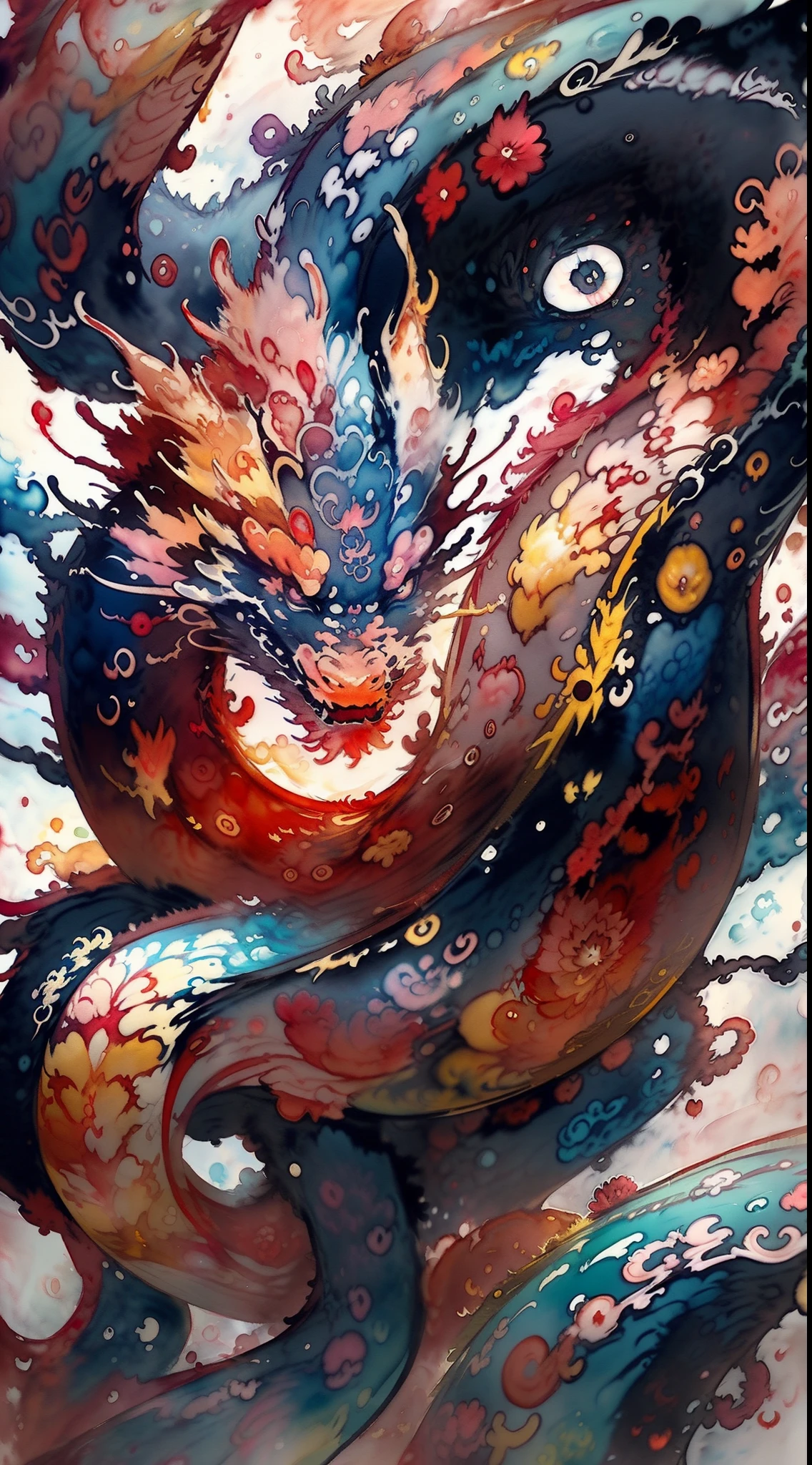 A highly intricate, traditional Chinese dragon, curled around a Chinese pagoda, intricately detailed scales, vibrant gold colors, ruby eye, with storm clouds behind, (Watercolor style:1.5), (Brush strokes with Asian aesthetic:1.2), calligraphy styled border, based upon the works of traditional Chinese artists such as Qi Baishi.