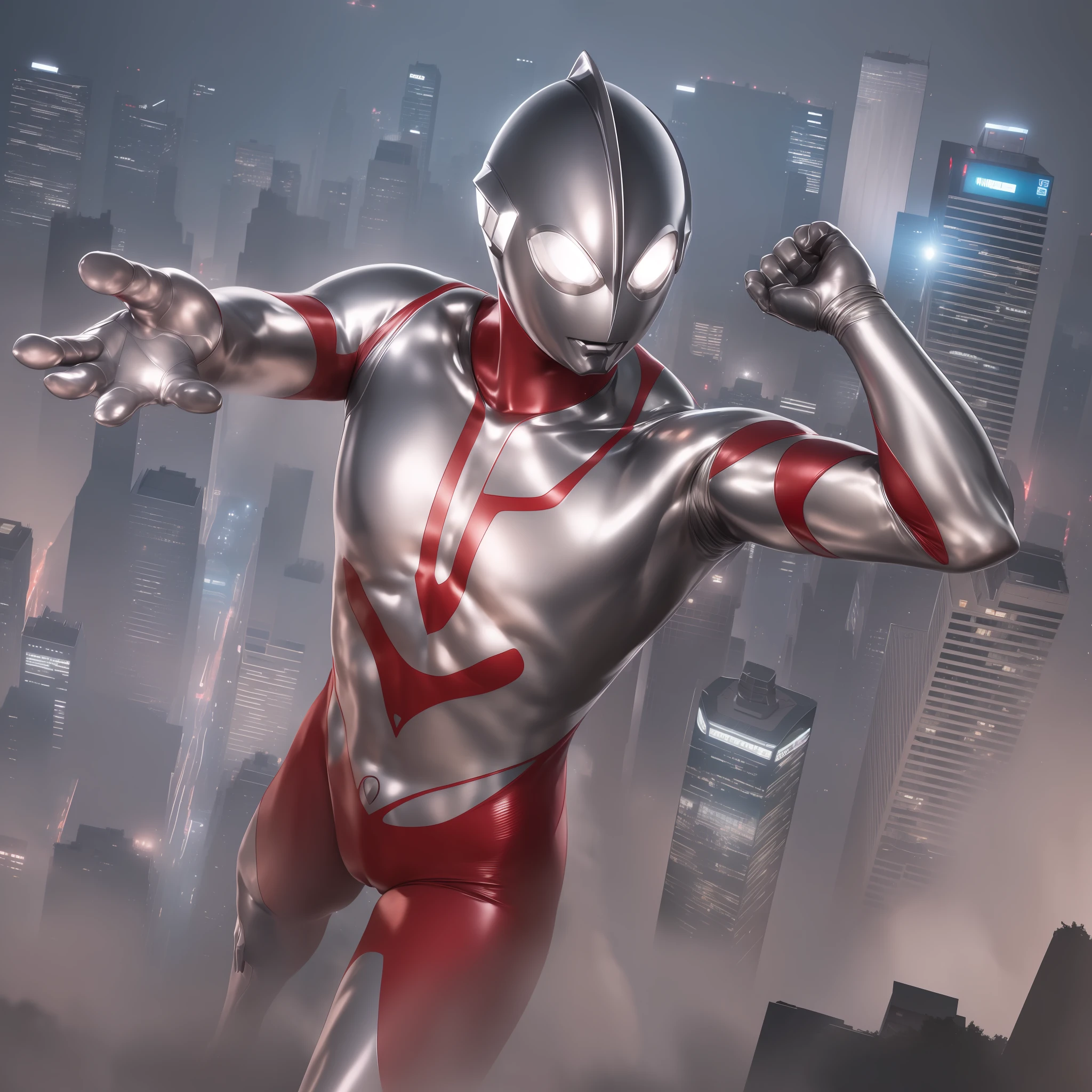 (Masterpiece, Excellent, Ultra Delicate, High Resolution), Male Focus, (((Ultraman))), (((No Muscles))), (His head is tapered, his body is made of red and silver, his arms are streamlined, there is a round calculator on his chest, he looks tall and thin, the overall look is streamlined and modern), (Standing pose), Pose for Photo, High Angle, Dark Night, City Ruins, Background Details, ((((Full Body))), from above, Solo, ((((Sense of Greatness) ))