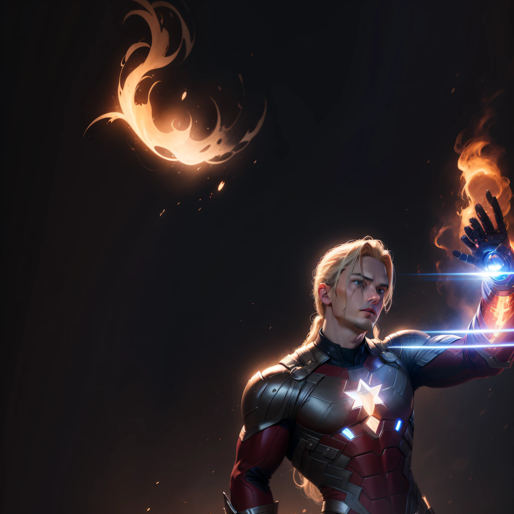 There's a blonde man with long hair, ponytail, 25 years old holding a bright flame over him, HQ 4K phone wallpaper, 4K HQ wallpaper, amazing wallpaper, Avengers, no text, 4K wallpaper, 4K wallpaper, Medium Close-Up (MCU), fan art, 4K wallpaper, 4K wallpaper, HD wallpaper, Quicksilver, Thor, Stony, phone wallpaper