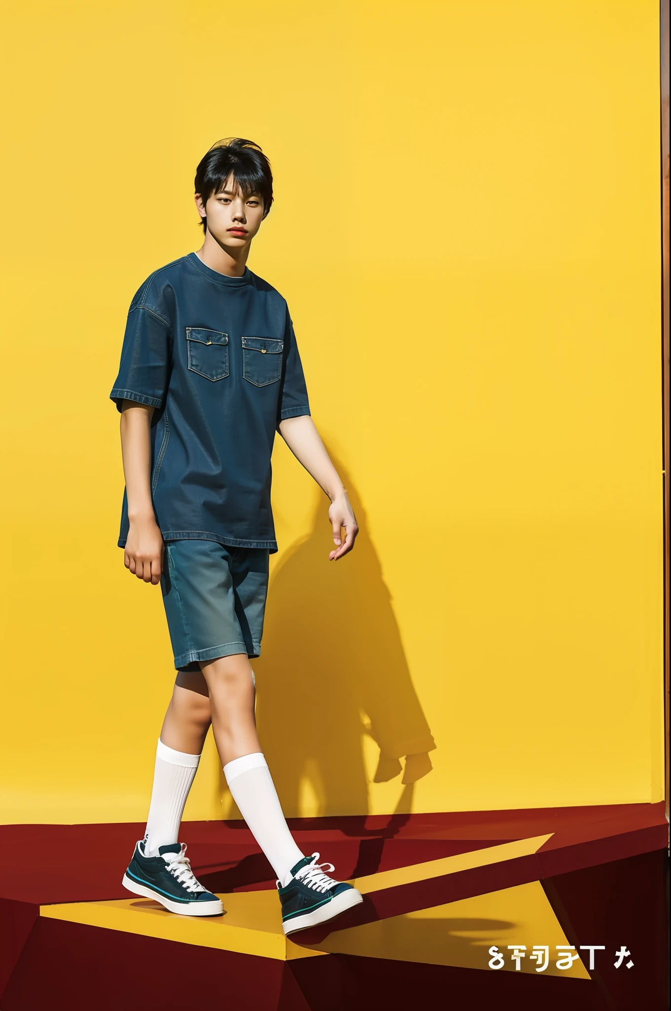 A teenage guy, big T-shirt, jean shorts, socks, shoes, Garden background