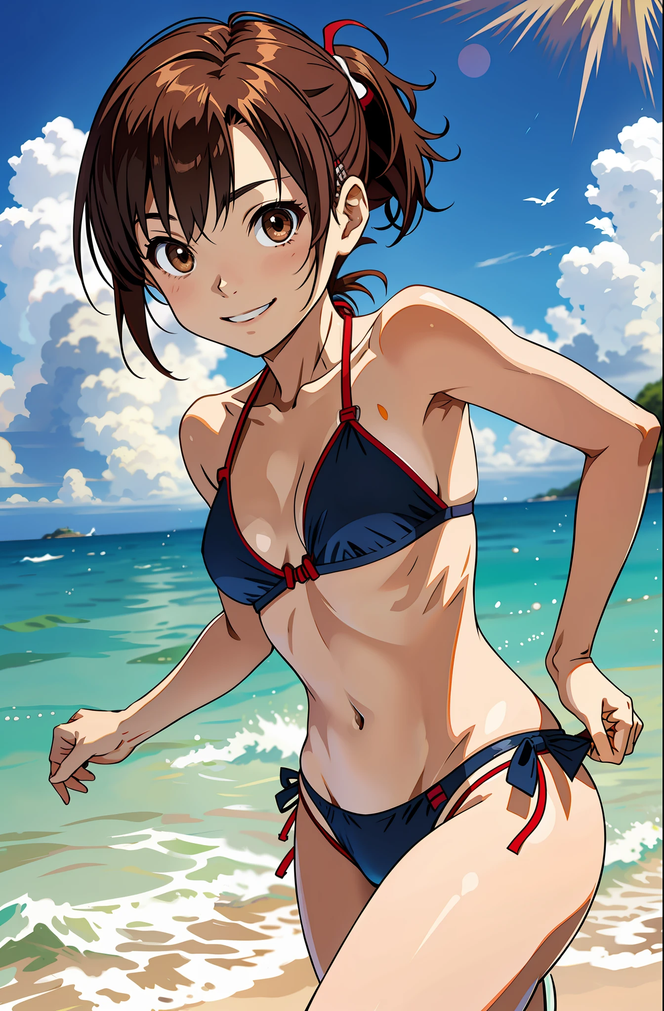 Mikoto Misaka, small breasts, bikini, brunette, brown eyes, hairpin, smile