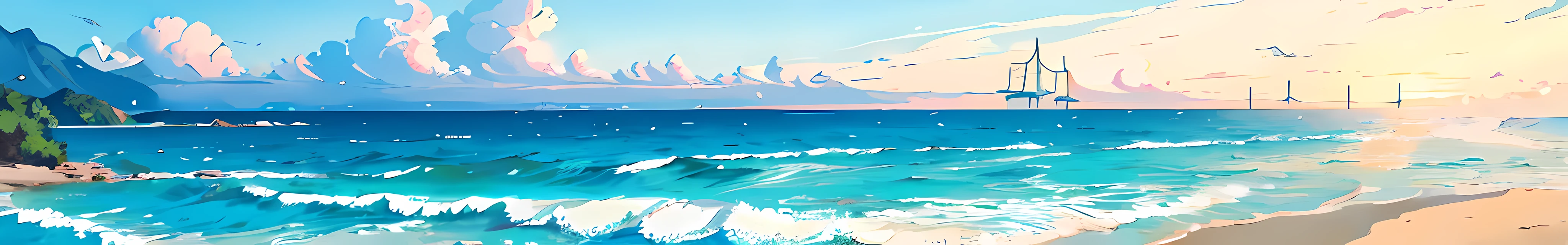Flat and clean beach scene, waves crashing on the beach, sand texture,