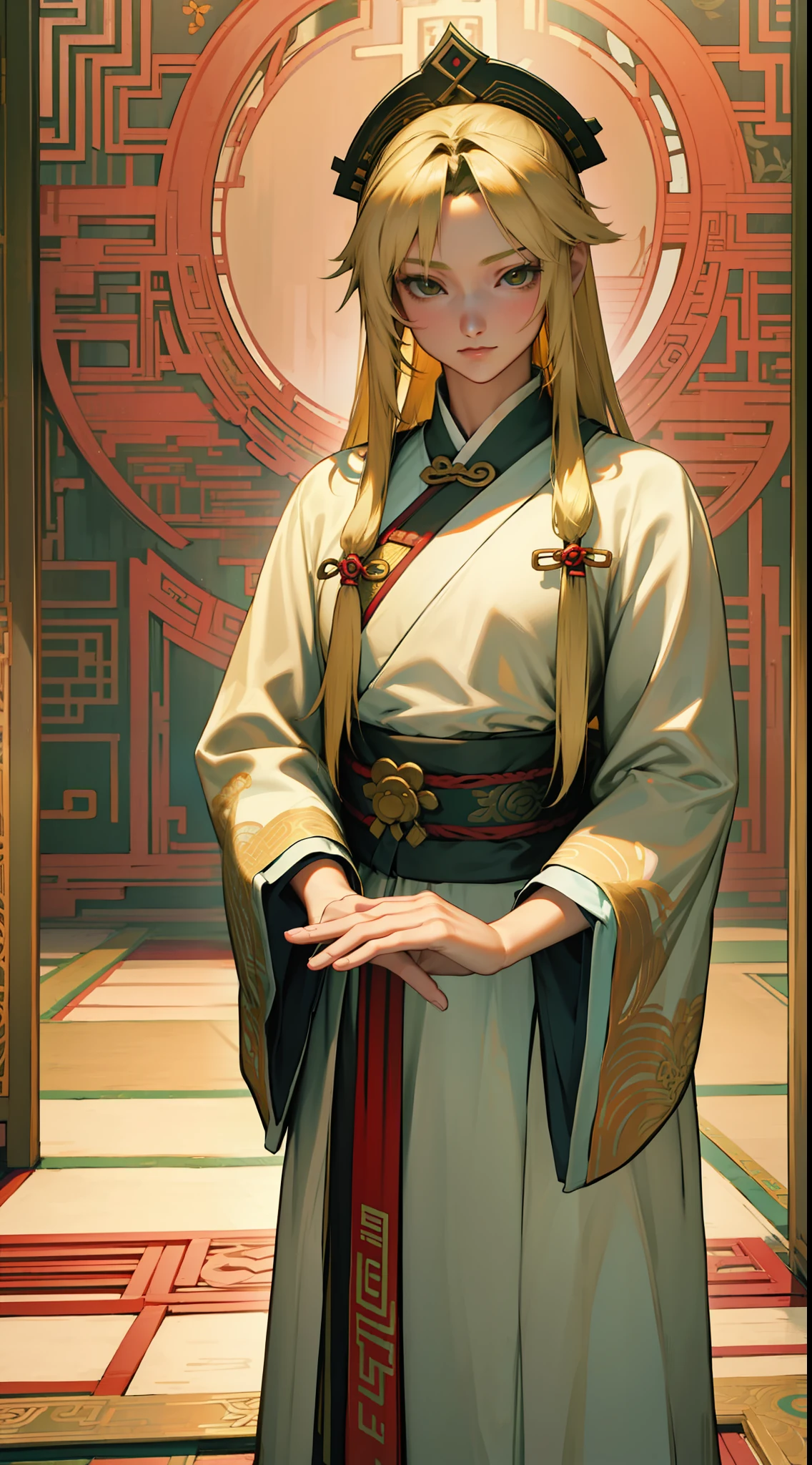 Twelve Kingdoms, Keiko, Blonde, Long Hair, One Man, Beautiful Youth, Ephemeral, Masterpiece, Ultra-Precise, Exquisite, Ancient Chinese Dynasty Clothing, Tall, Clear White Skin, (Bangs), 30 years old,