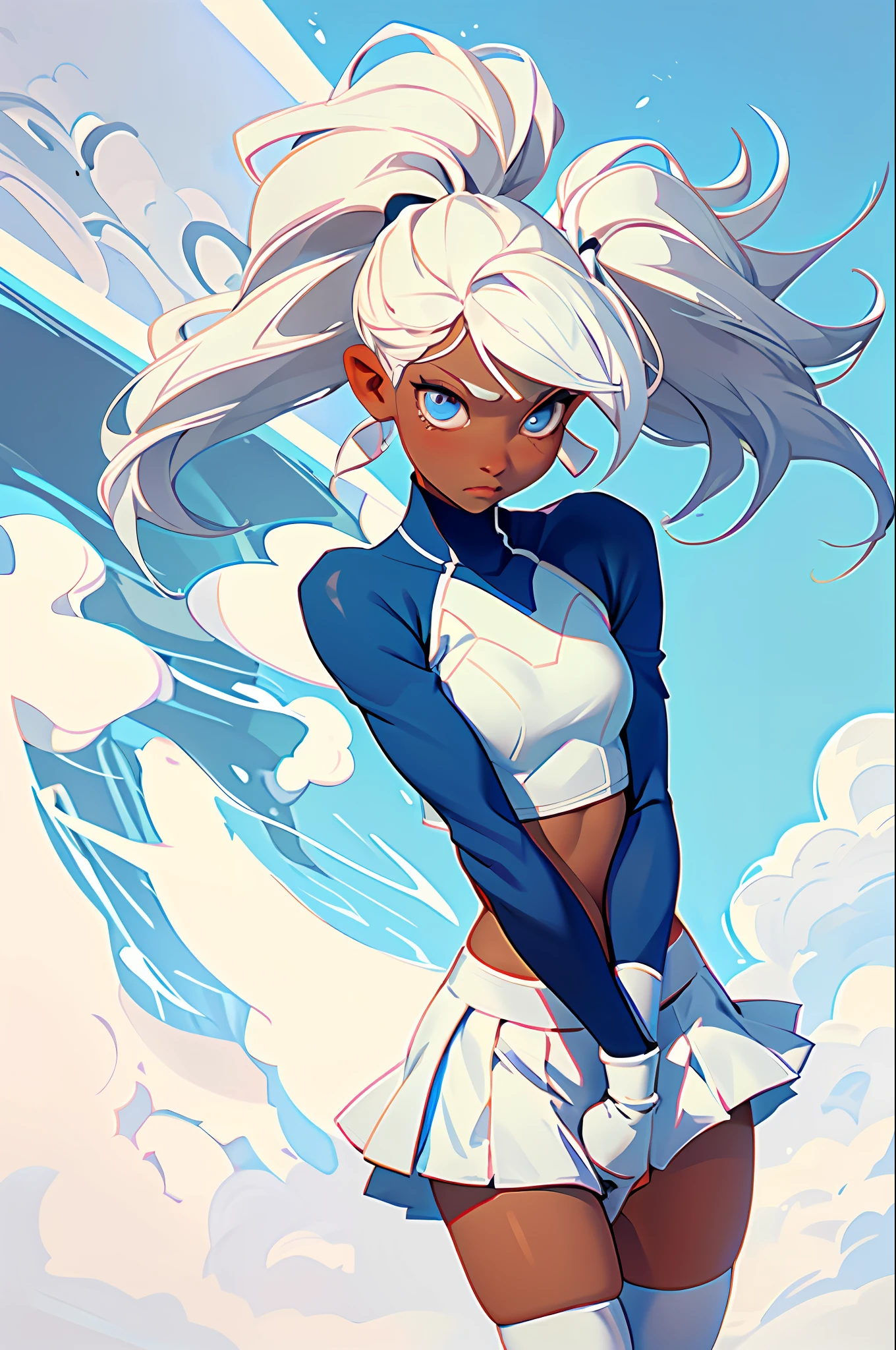 1 girl, (dark skin tone), (platinum blonde hair), (cheerleader), (delicate and cute cheerleader uniform), (crop top), zettai ryouiki, twin tail, ((embarrassed expression)), skin detailed, (oily skin), shiny skin, thin skin, (beautiful hair), (beautiful blue eyes), looking at viewer, (full page of girls), hand with five delicate fingers, (perfect anatomy), (correct limb ), (dynamic angle), outdoor, Stadium, Sky, Fantasy Art Background, White Stockings, Seductive Pose